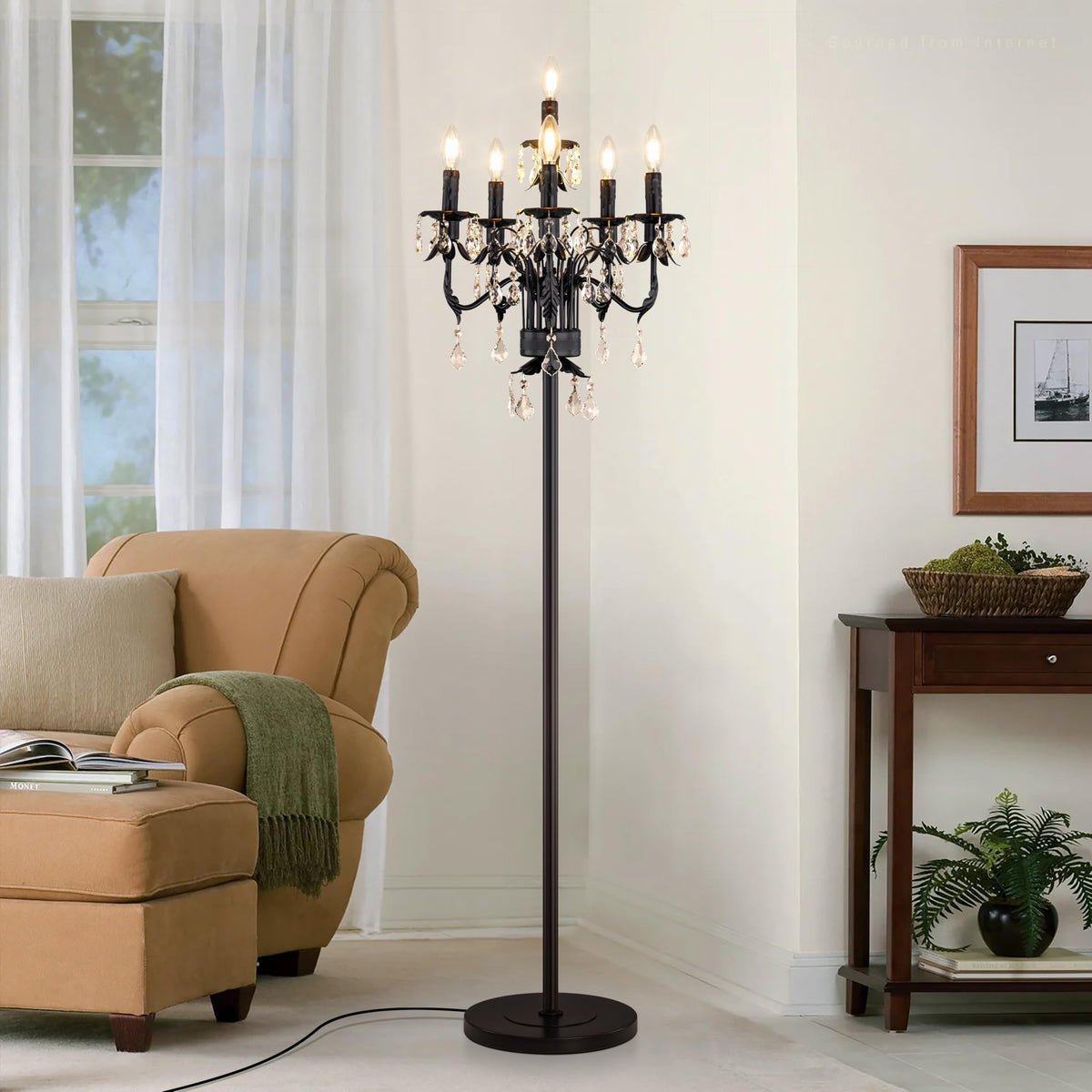 Black Crystal Floor Lamp, Tall Vintage Standing Living Room Lamp