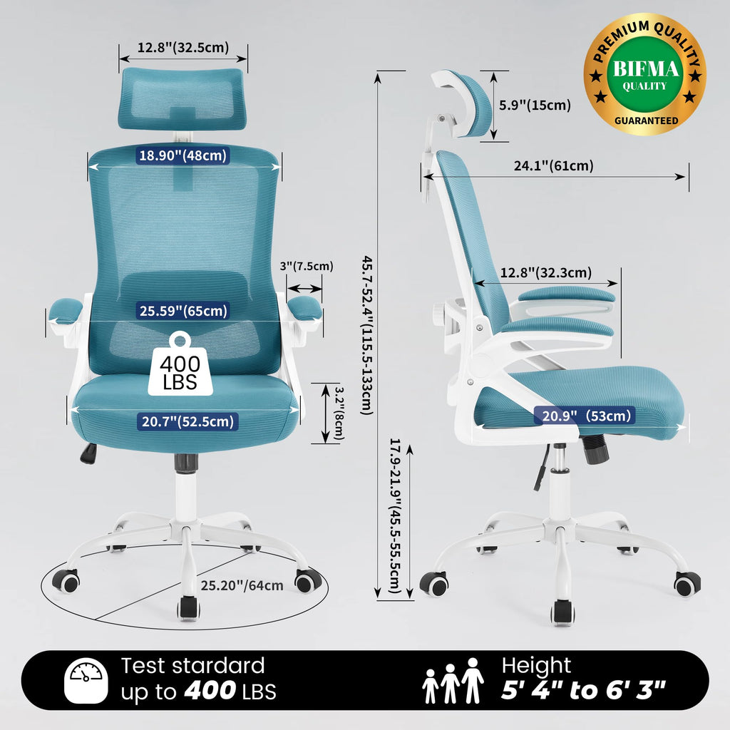 Ergonomic Office Chair, 400 LBS Computer Chairs with Adjustable Lumbar Support, Breathable Mesh Desk Chair Ergonomic with Thickened Cushion, Comfy Home Office Desk Chair (Lake Blue)