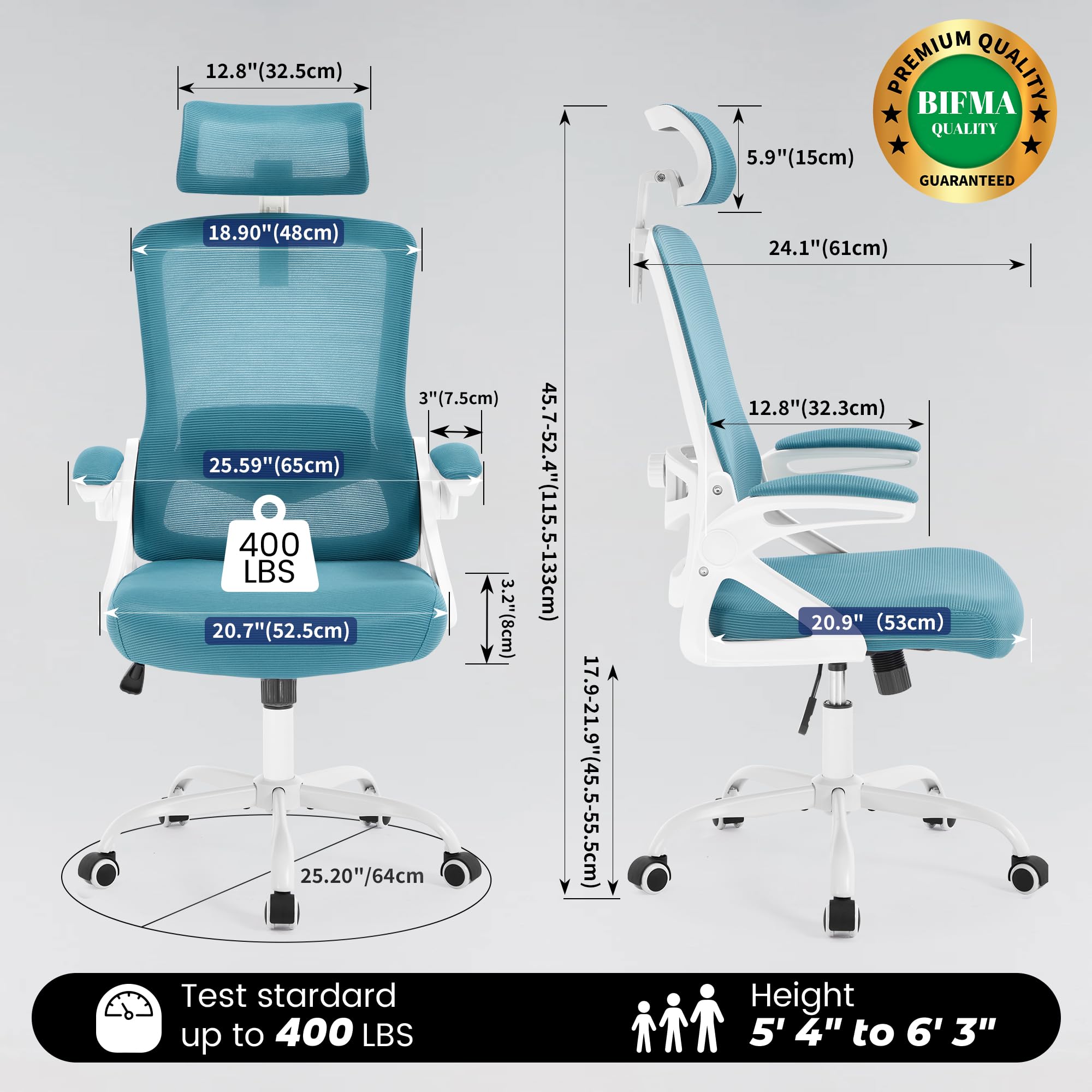 Ergonomic Office Chair, 400 LBS Computer Chairs with Adjustable Lumbar Support, Breathable Mesh Desk Chair Ergonomic with Thickened Cushion, Comfy Home Office Desk Chair (Lake Blue)