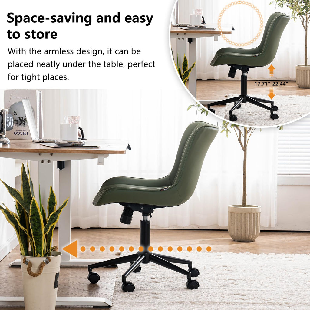 Olive Green Office Desk Chair with Wheels Armless Compact Comfy Vanity Chair with Adjustable Back Modern Small Faux Leather Upholstered Swivel Rolling Computer Task Chair No Arms