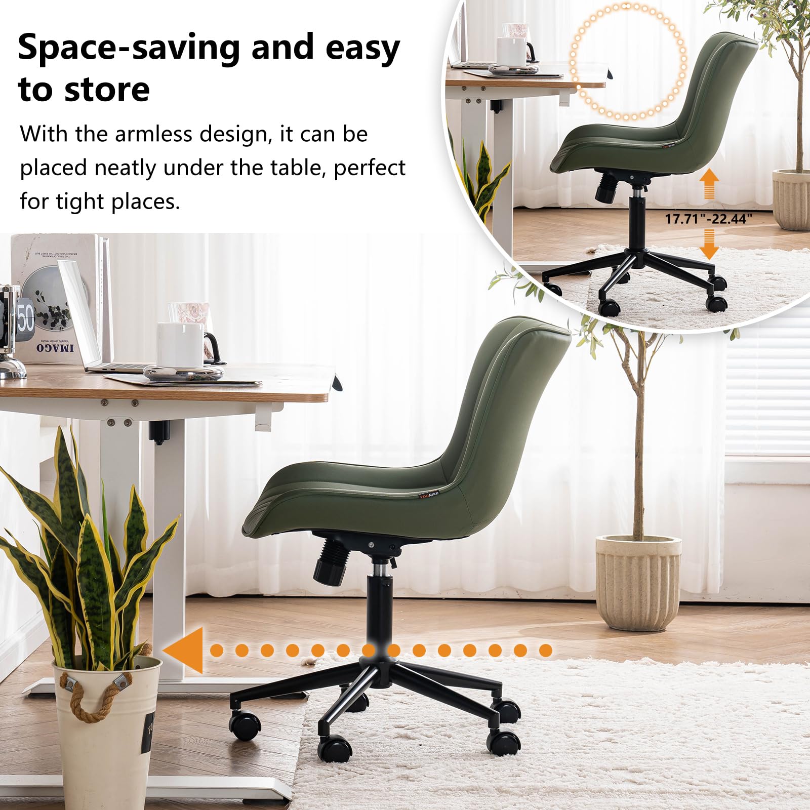Olive Green Office Desk Chair with Wheels Armless Compact Comfy Vanity Chair with Adjustable Back Modern Small Faux Leather Upholstered Swivel Rolling Computer Task Chair No Arms