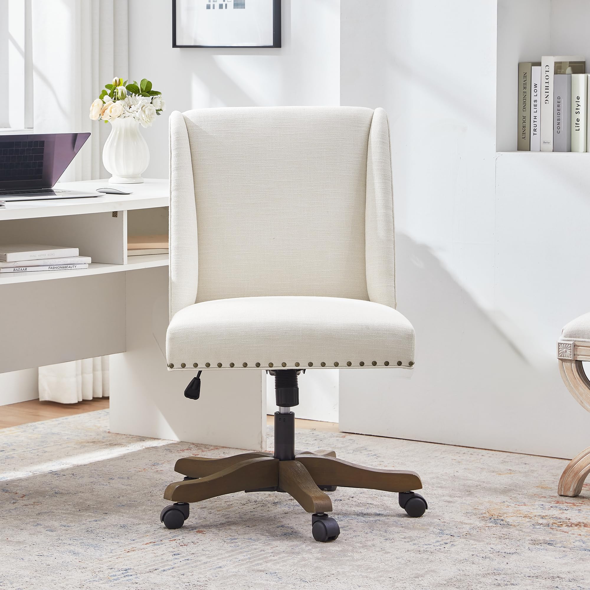 Armless Upholstered Office Chair with Wooden Legs, Modern Criss Cross Adjustable Home Office Desk Chair No Arms Sewing Chair Swivel Chair for Women Farmhouse Study Studio (Beige)