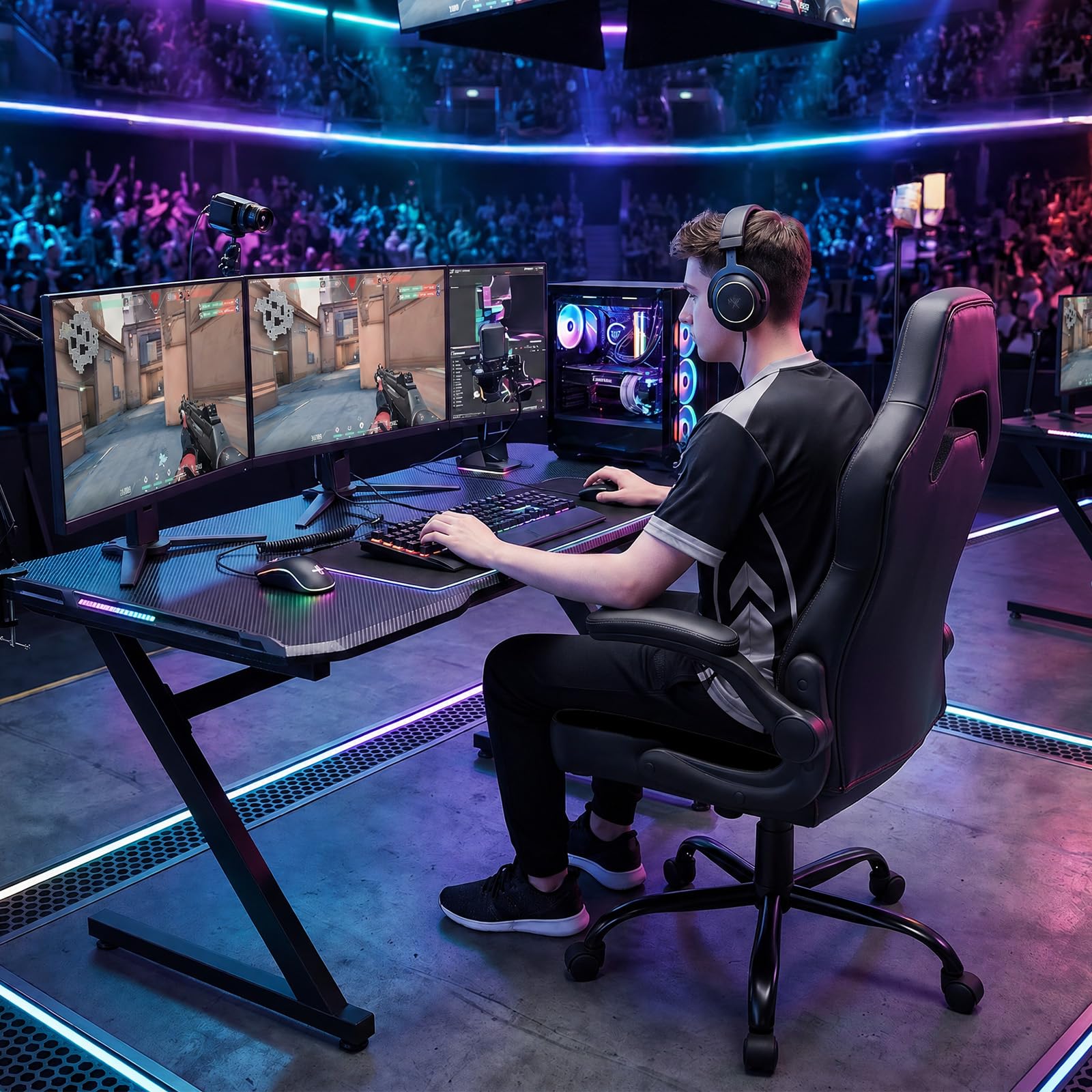 Computer Gaming Desk Chair - Big Tall Ergonomic Lumbar Support with Flip-up Armrest and 360° Swivel Wheels, PU Leather Height Adjustable, for Home and Office, Black