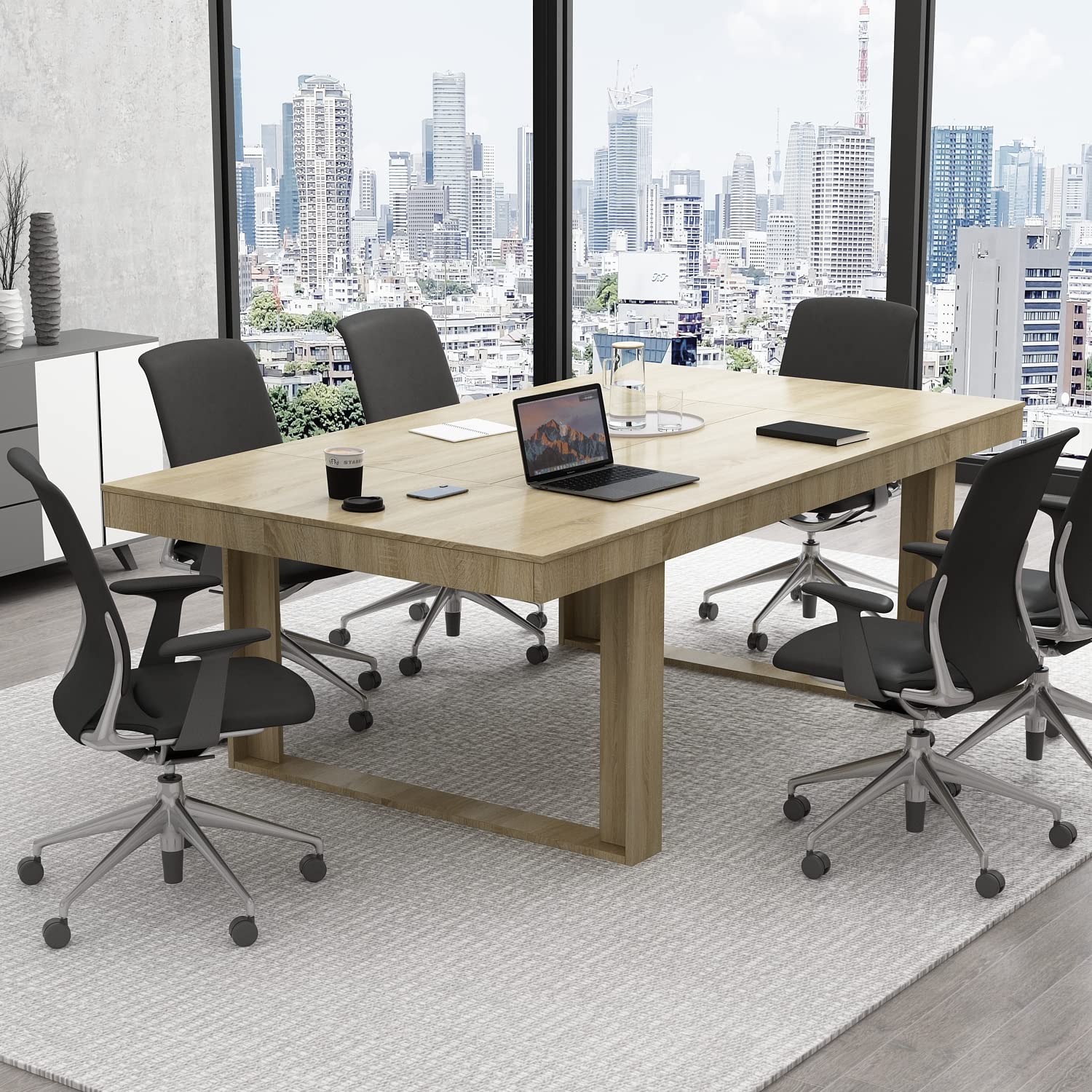 7FT Conference Table for 6-8 People, Large Rectangular Meeting Table, Modern Seminar Table for Office Meeting Conference Room, Brown (86.6”L x 47.2”W x 29.4”H)