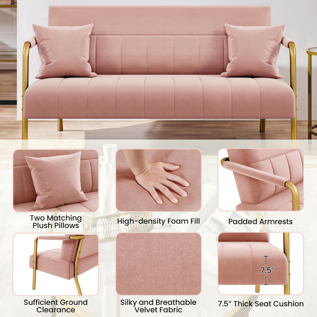 56.5" W Modern Sofa Small Sofa Luxurious Velvet Fabric Couch with Gold-Tone Metal Arms and Legs for Living Room, Office, Studio Pink