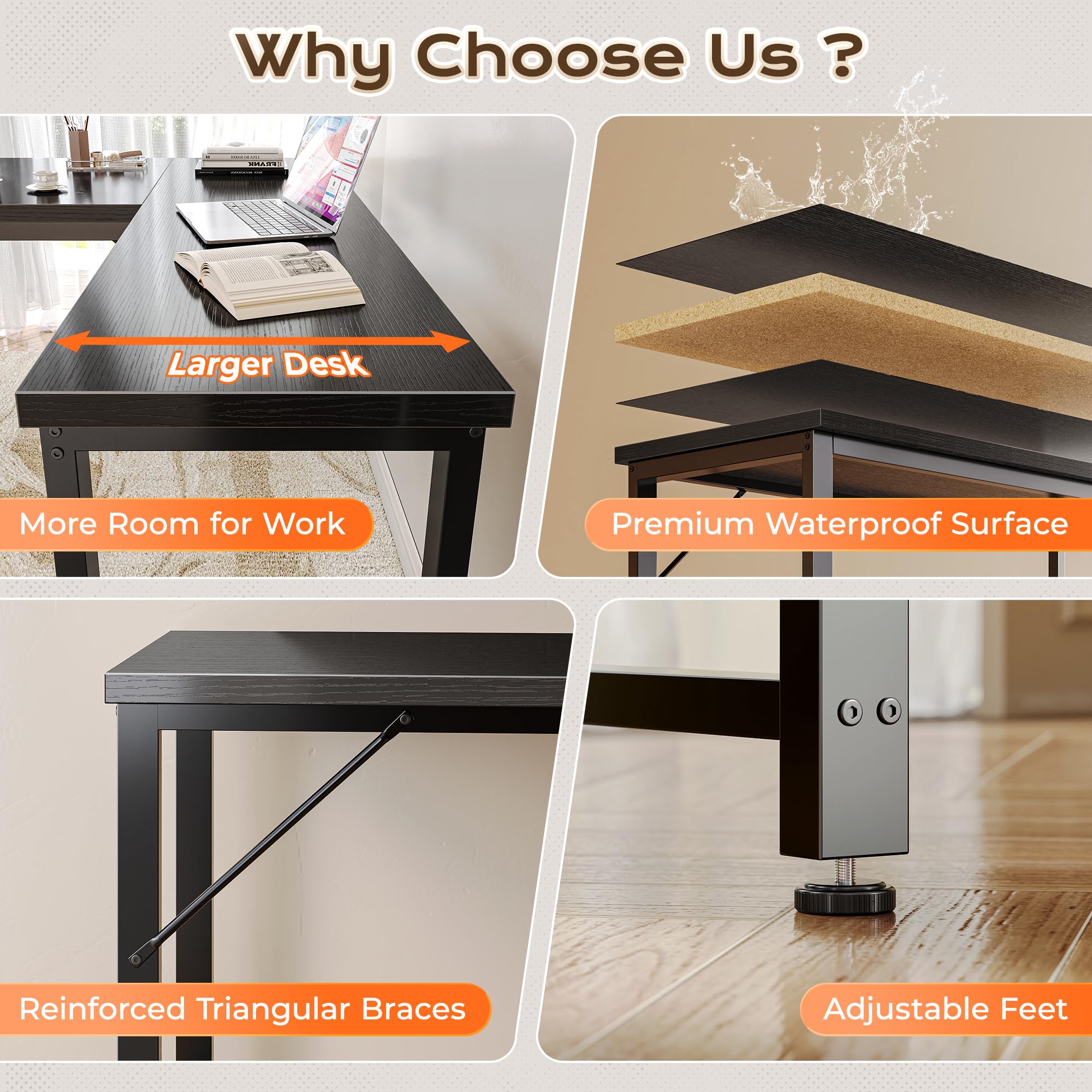 63 Inch L Shaped Desk with 0.95 Inch Thicker Desktop, Reversible Computer, Larger Corner Office Gaming Desk, Robust Metal Frame, for Home Office, Study, Black