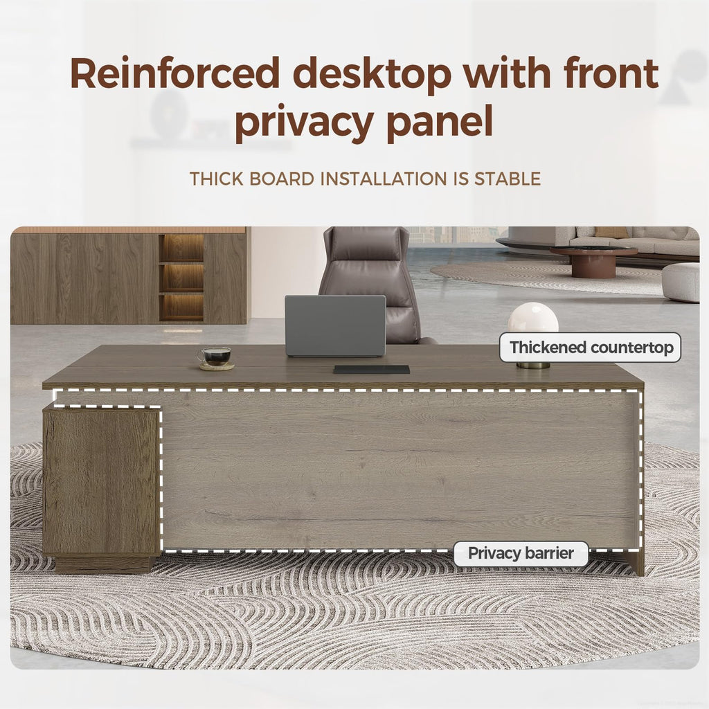 63" L-Shaped Executive Desk with Reversible Return, Compact Office Desk with Locking Drawers, Open Storage Cabinet, Cable Management Box, Front Privacy Panel, Rustic Brown