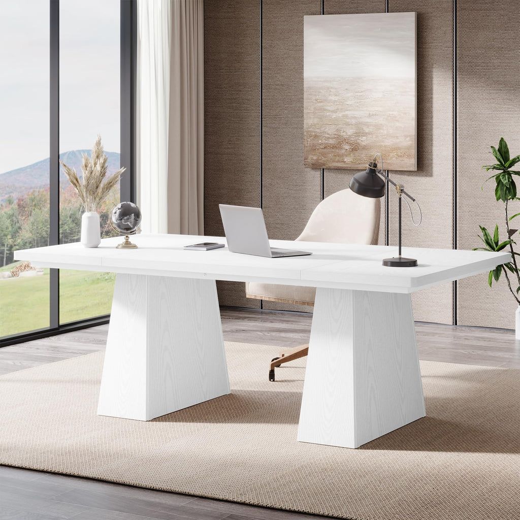 63-Inch Executive Desk, Large Office Computer Desk with Double Pedestal, Modern Simple Workstations Writing Table Conference Table Business Furniture for Home Office, White
