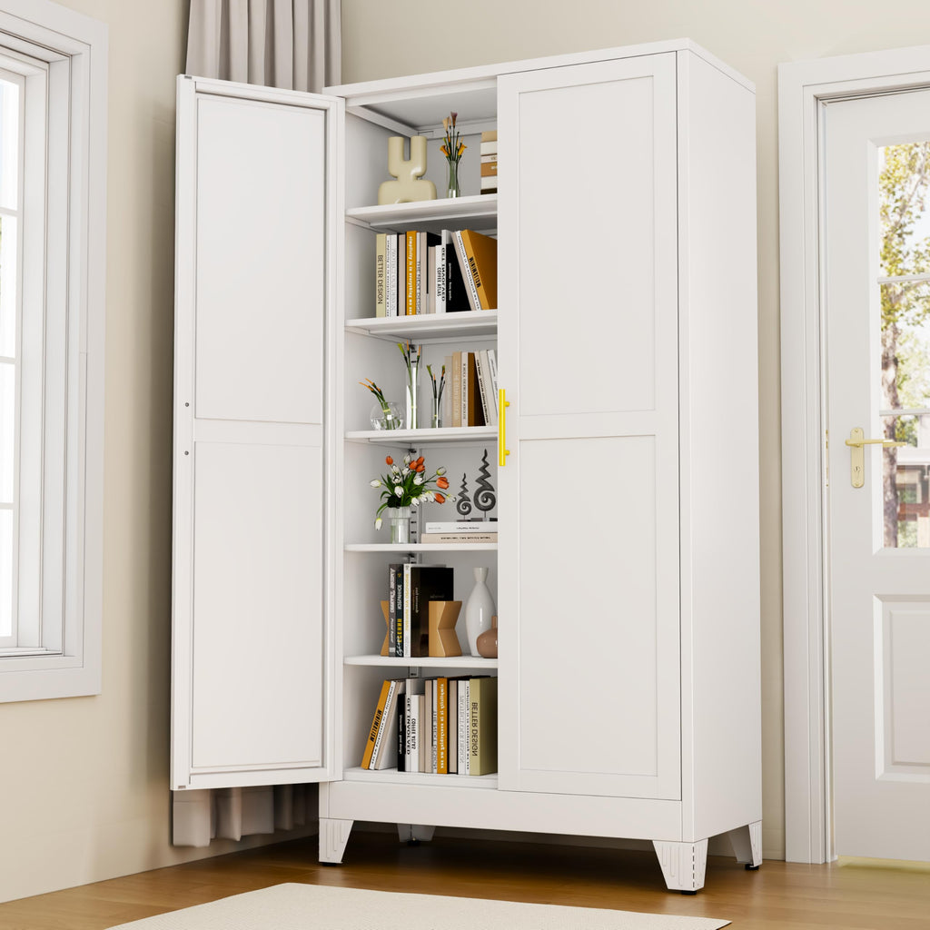 White Metal Storage Cabinet,75" Steel Cabinets for Home Office