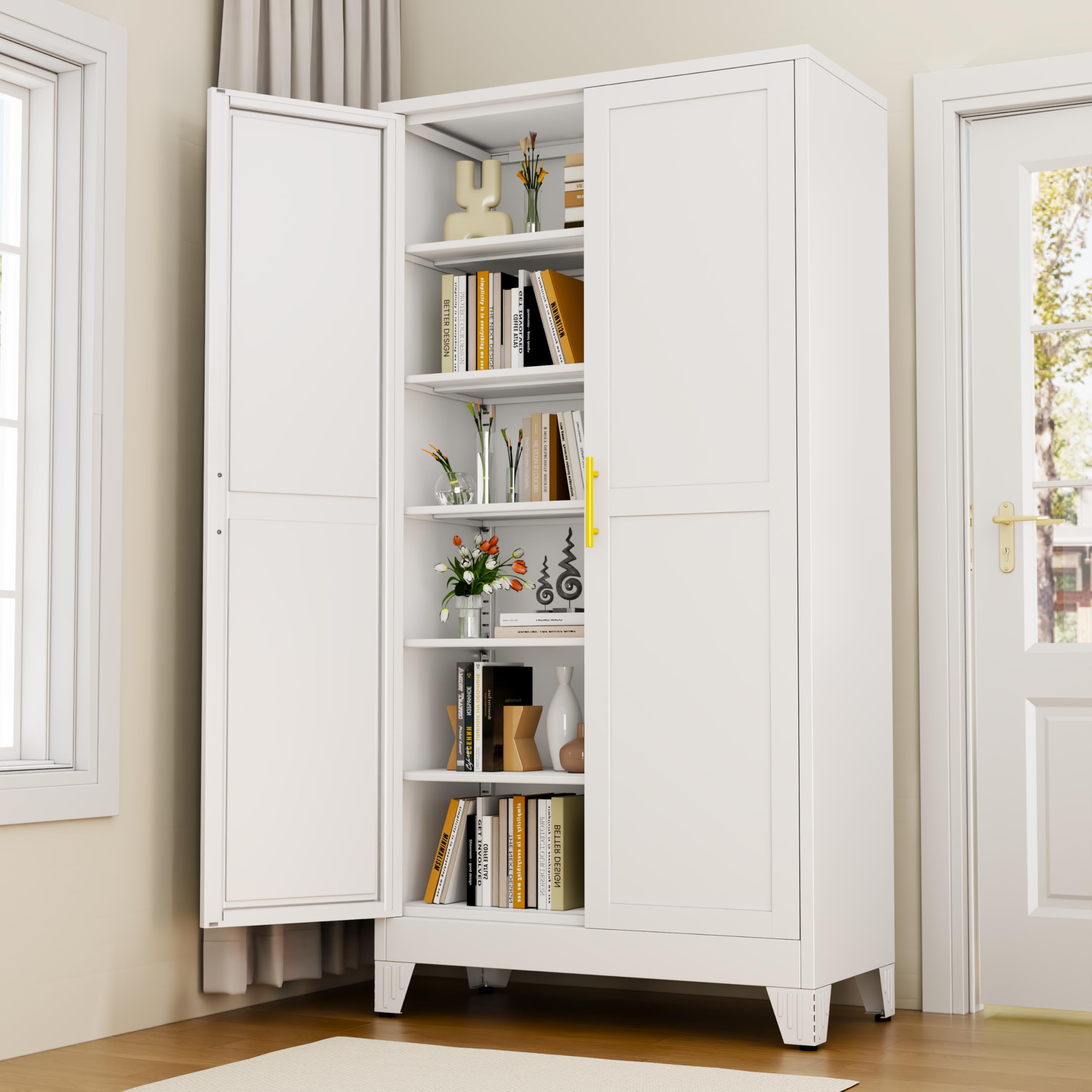 White Metal Storage Cabinet,75" Steel Cabinets for Home Office