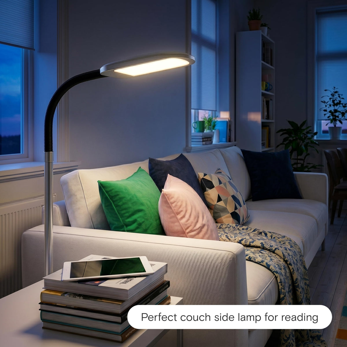 Litespan Slim LED Floor Reading Lamp with Adjustable Gooseneck for Living Rooms & Offices, Dimmable Standing Lamp for Bedroom - Silver