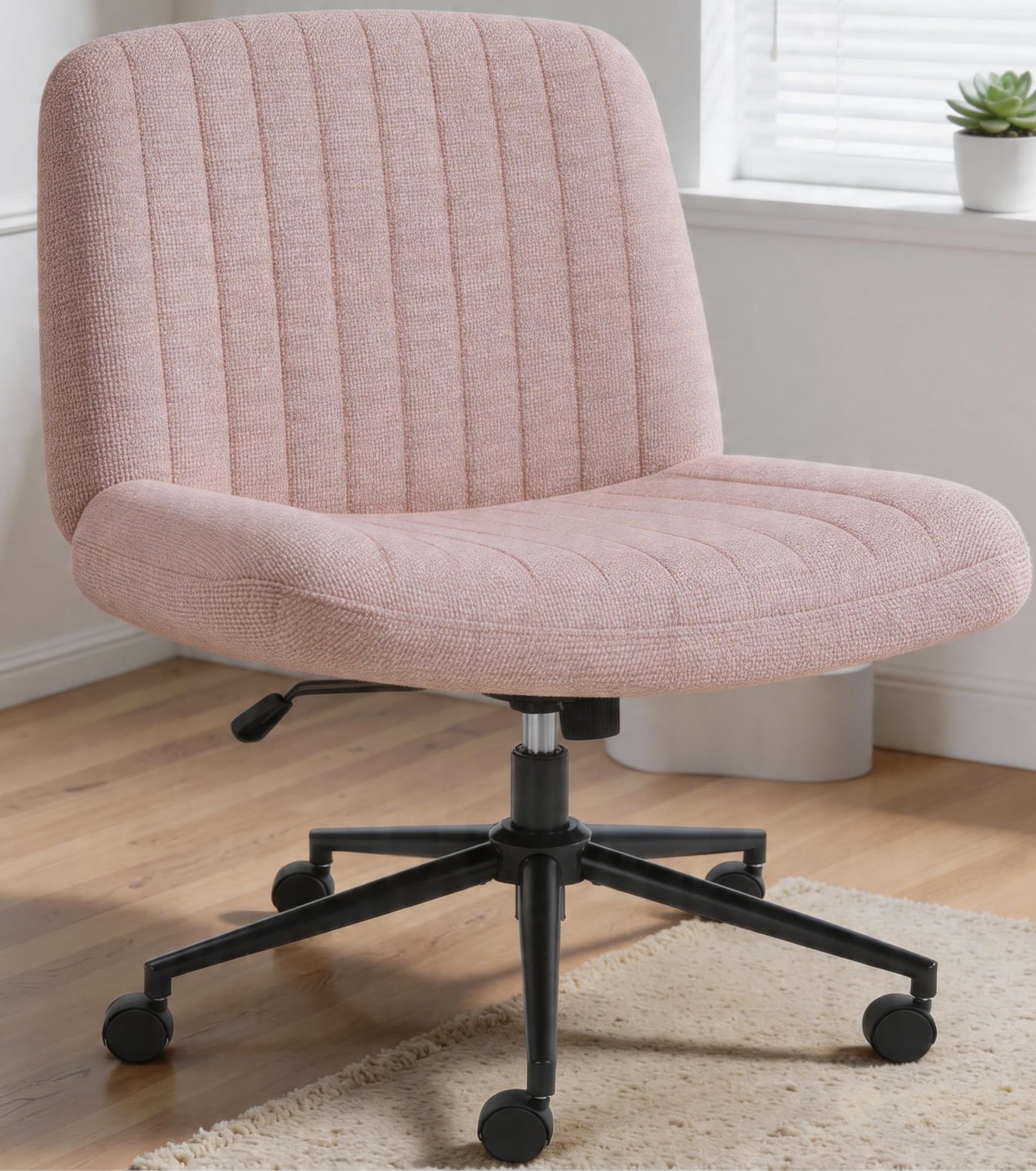 Criss Cross Chair,Cross Legged Office Seat with Wheels Armless Swivel Vanity Chair,Height Adjustable Wide Computer Task Seating for Home Office,Pink ﻿