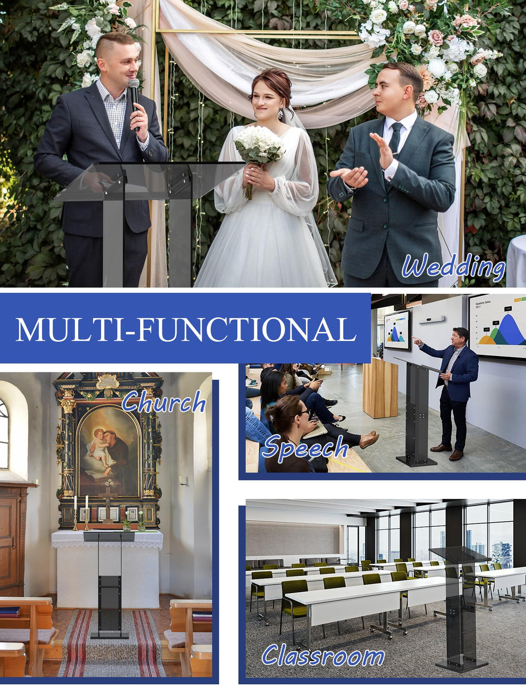 Acrylic Podium Stand with Storage Shelf, 45.5" Modern Black Lectern with Reading Platform for Classroom, Weddings, Conference, Concert, Professional Presentation Podiums