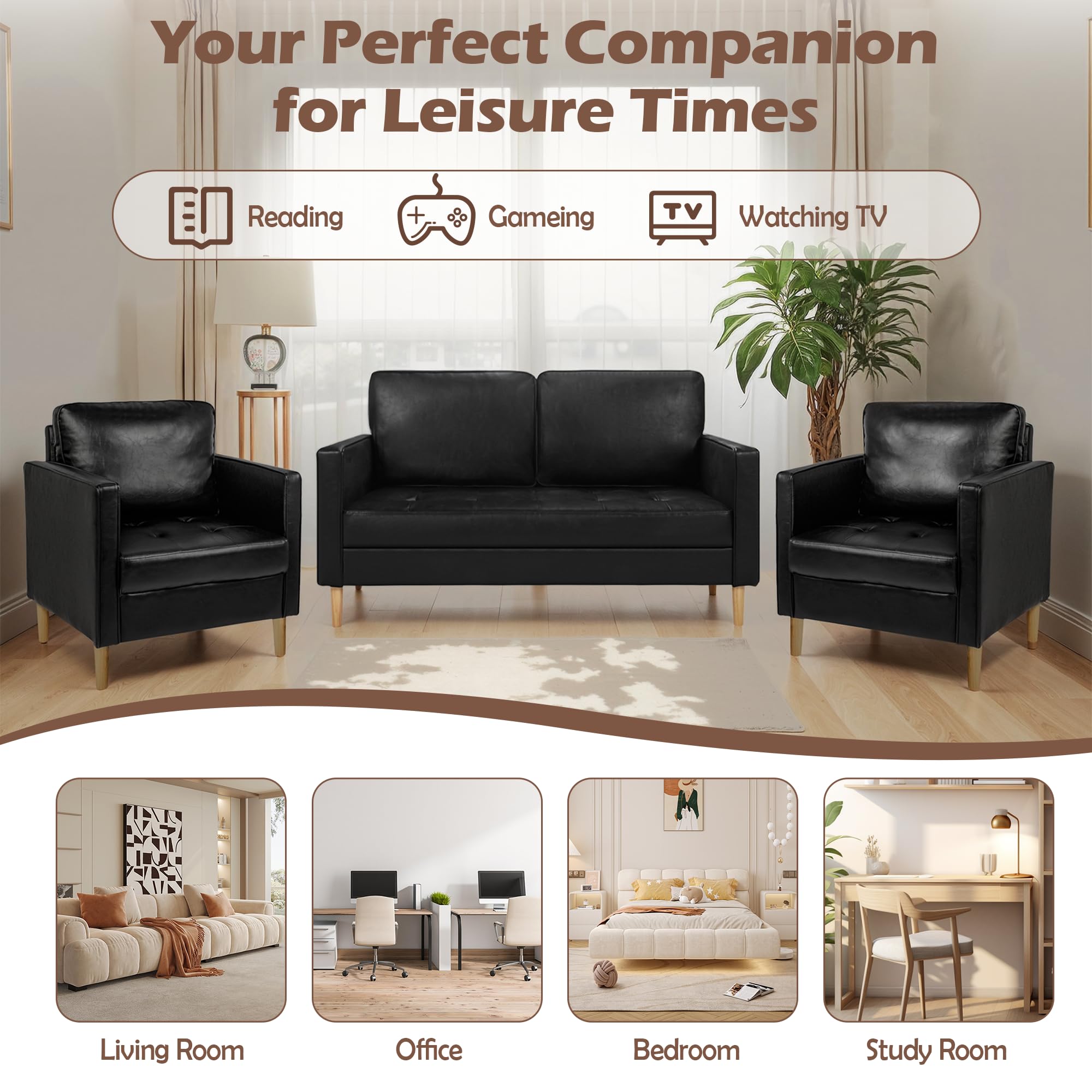 Mid-Century Sectional Sofa Couch Set Faux Leather Office 3 Pcs Couch Set with Armrest Modern Upholstered Loveseat Couches for Livingroom (1-Seater+1-Seater+2-Seater, Black)
