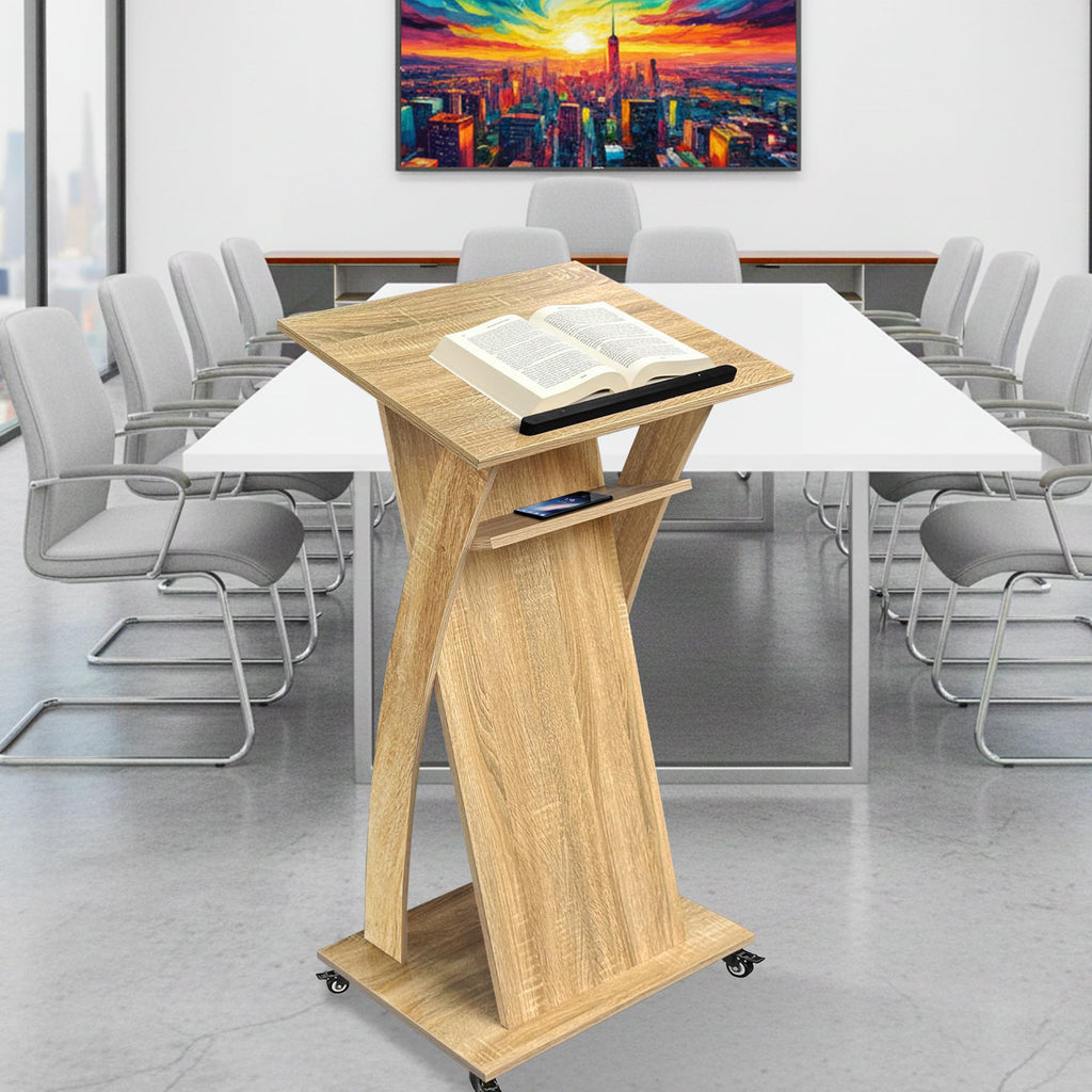 Wooden Podium Stand with Lockable Wheels, Mobile Lectern Pulpit with Storage Shelf for Church, Classroom, Office, and Conference Room