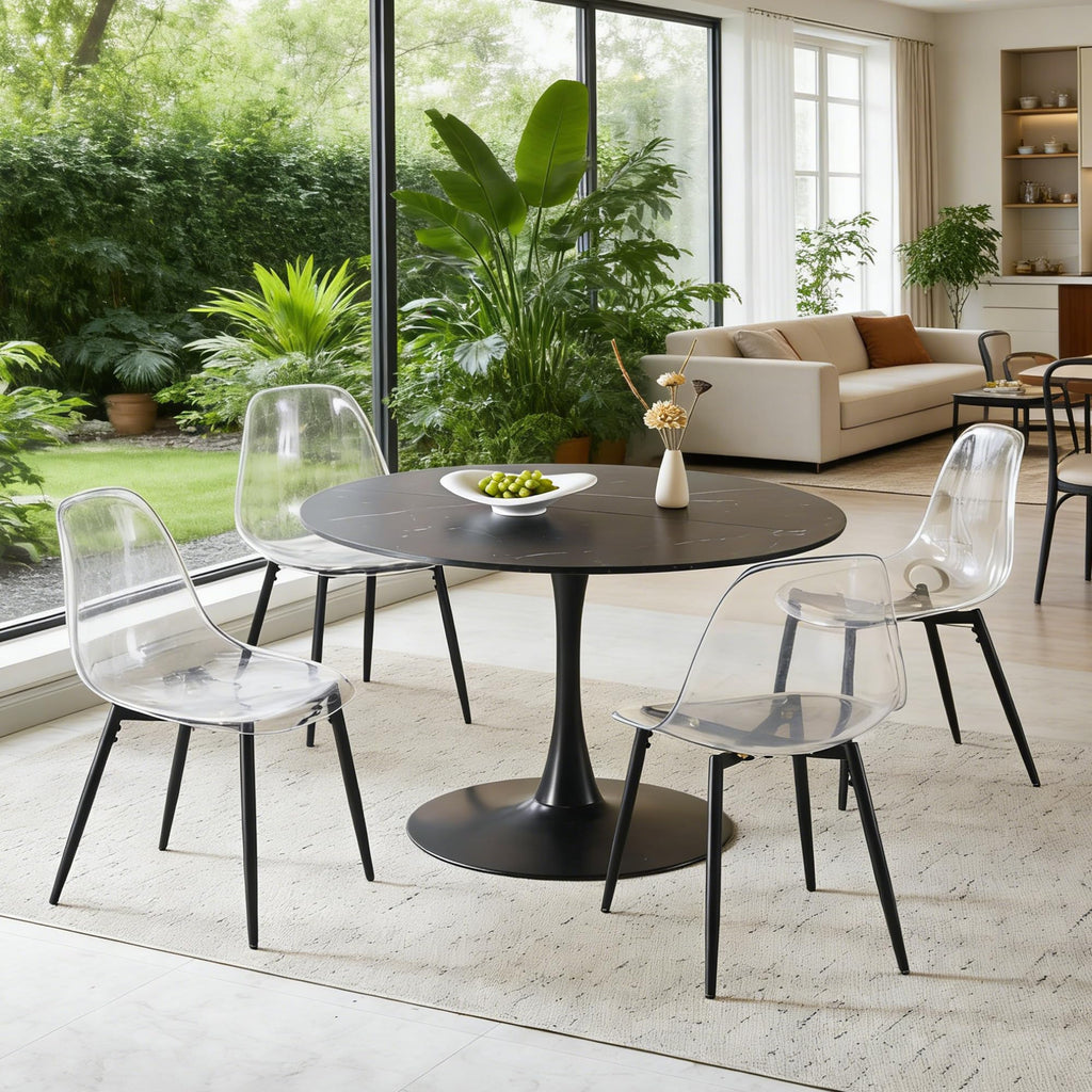 Sybrioka 42" Tulip Table for 4-6 Persons Modern Round Dining Table, Mid-Century Modern Black Marble Small Kitchen Table with MDF Wooden Top, Leisure Coffee Table for Living Room, Dining Room, Office