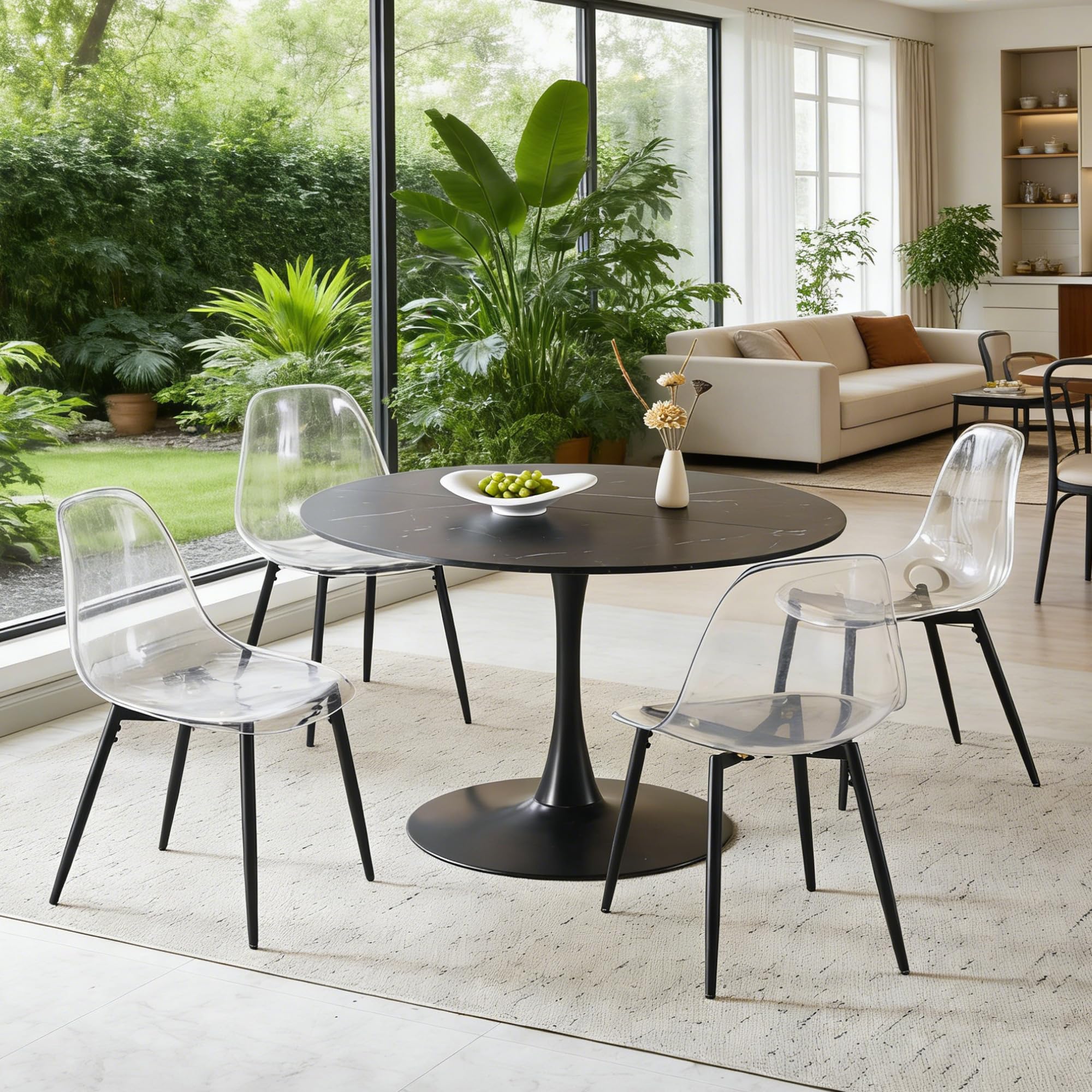 Sybrioka 42" Tulip Table for 4-6 Persons Modern Round Dining Table, Mid-Century Modern Black Marble Small Kitchen Table with MDF Wooden Top, Leisure Coffee Table for Living Room, Dining Room, Office