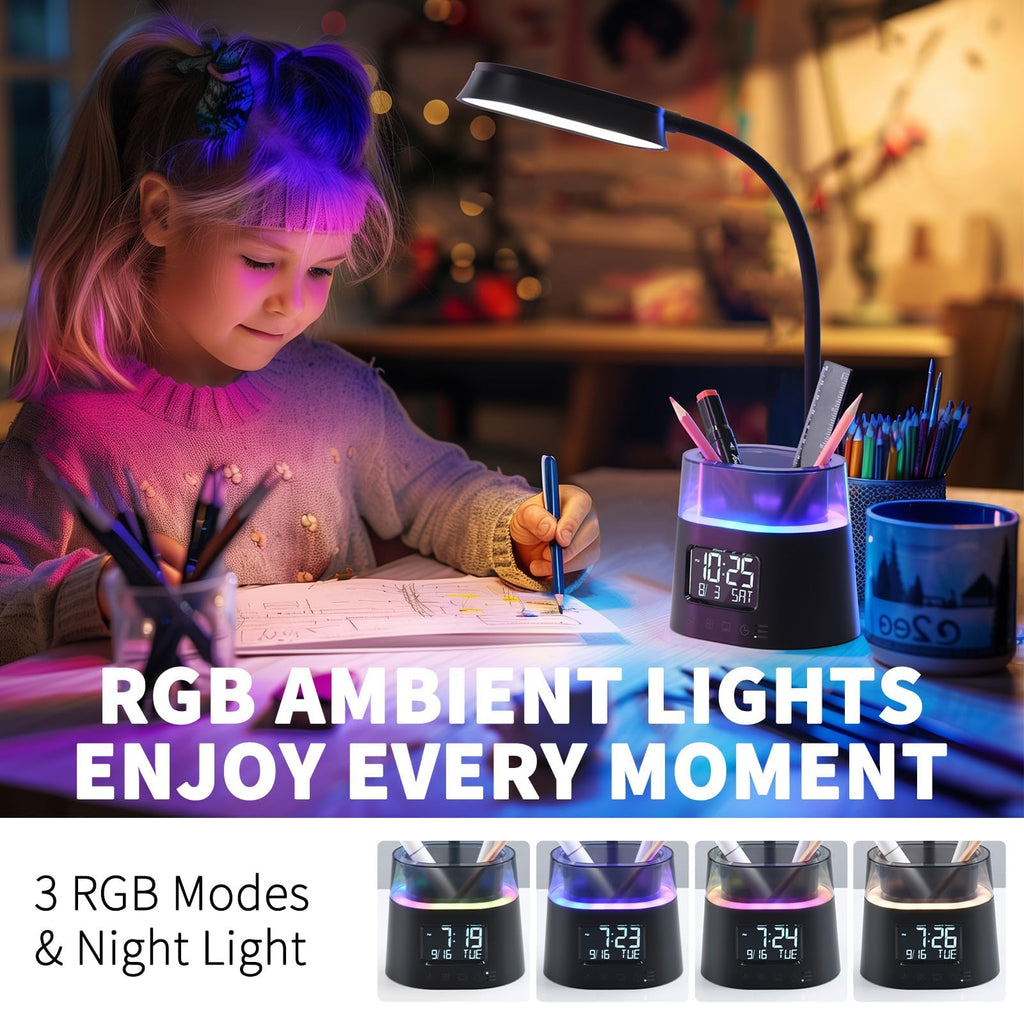 Led Desk Lamp with Pen Holder, Touch Lamps for Nightstand Eye-Caring Bedside Reading Light with Clock, Office Lamps Stepless Dimming, Lamp for Dorm Room, Suitable for Kid/Girl/Boy (Black)