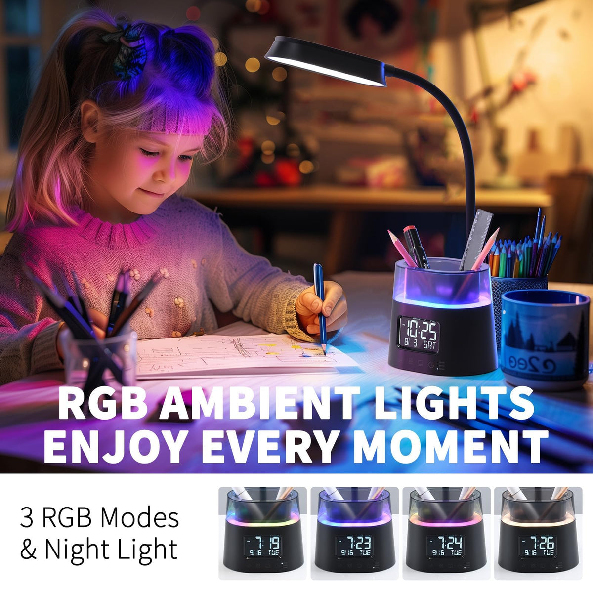 Led Desk Lamp with Pen Holder, Touch Lamps for Nightstand Eye-Caring Bedside Reading Light with Clock, Office Lamps Stepless Dimming, Lamp for Dorm Room, Suitable for Kid/Girl/Boy (Black)