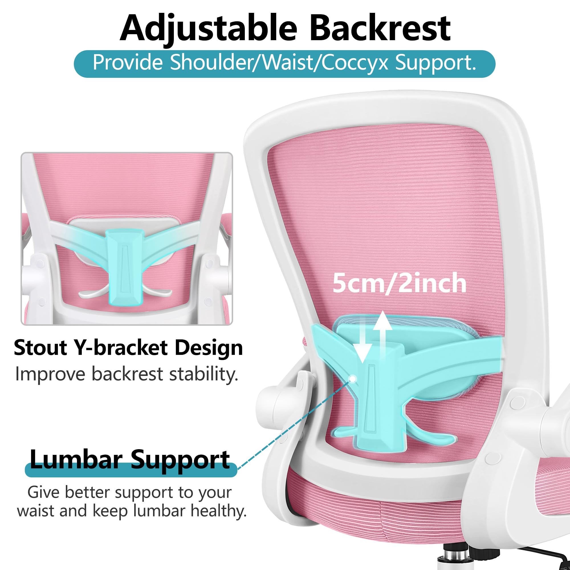 Office Chair, Ergonomic Desk Chair Breathable Mesh Chairs Adjustable High Back Lumbar Support Flip-up Armrests, Executive Rolling Swivel Comfy Computer Chairs Home Office Pink