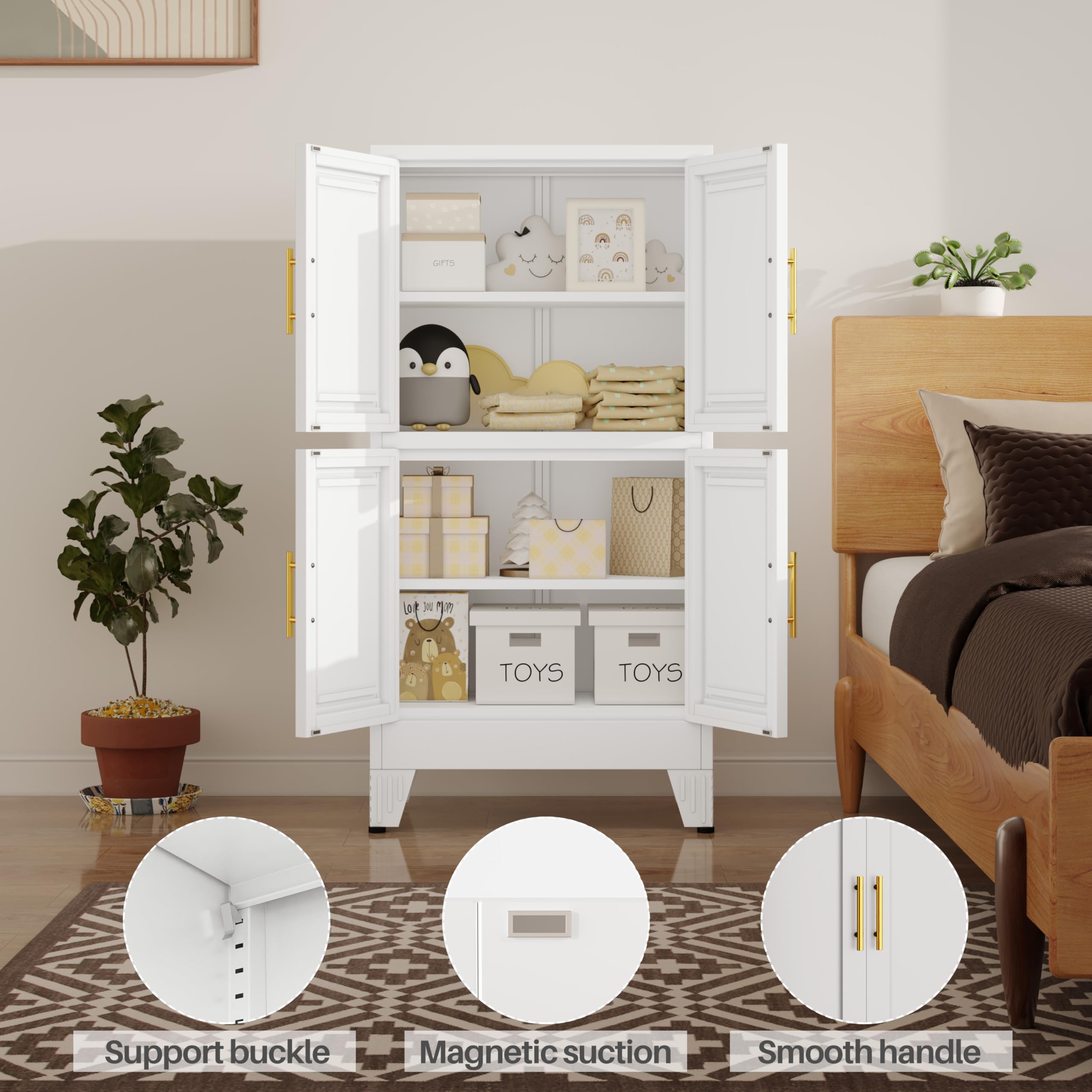 47” White Metal Storage Cabinet, Kitchen Pantry Cabinet