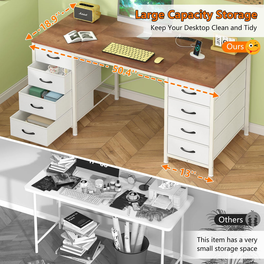 50 Inch Computer Desk with 8 Drawers, Home Office Desk with Power Outlets, Work Study Gaming Desk with 8 Fabric Drawers, Brown and White