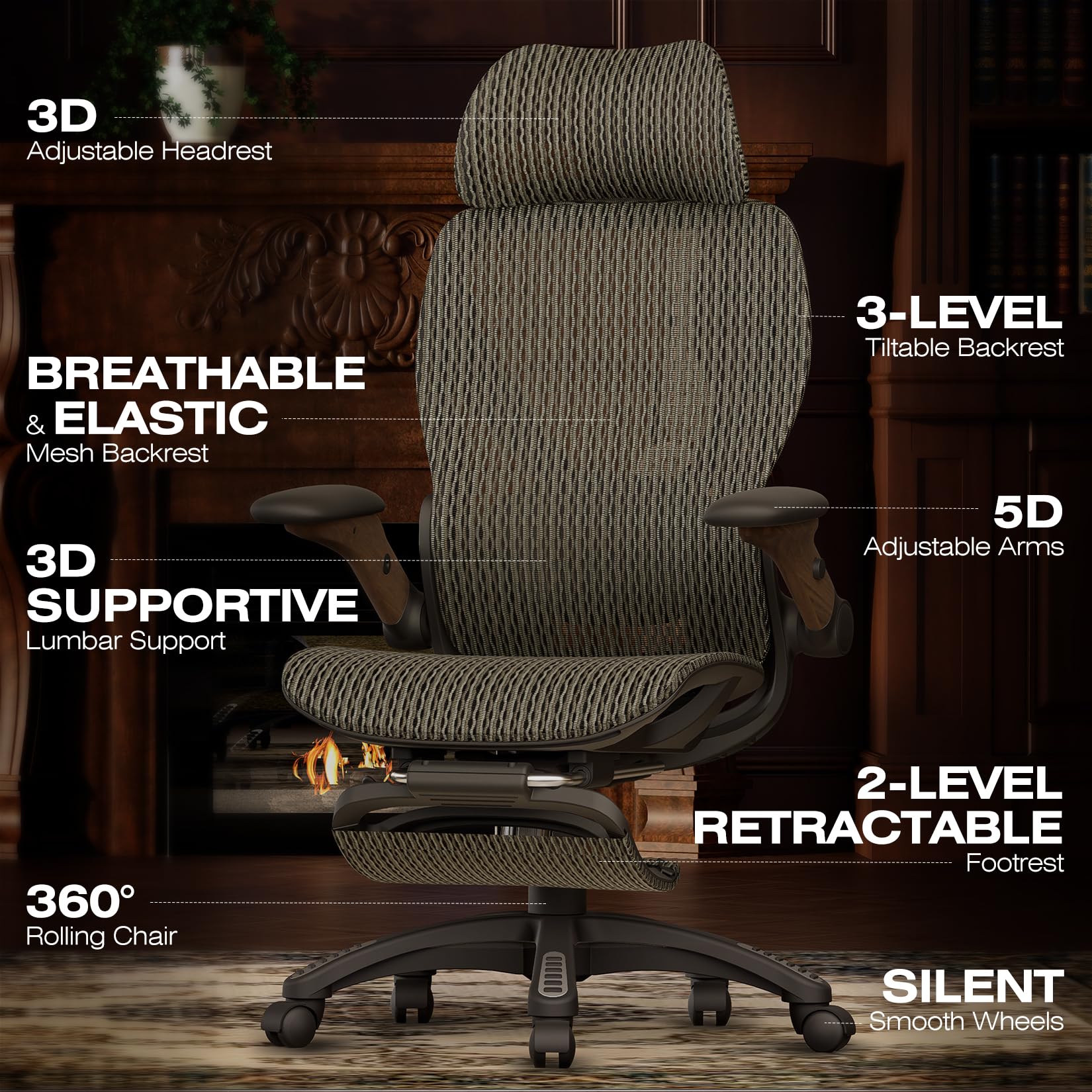 X100 Ergonomic Office Chair with Footrest, Big and Tall Home Desk Chair with 5D Flip-Up Arms, Adjustable 3D Lumbar Support,High Back Rolling Computer Chair, Swivel Mesh Chairs (Coffee Break)