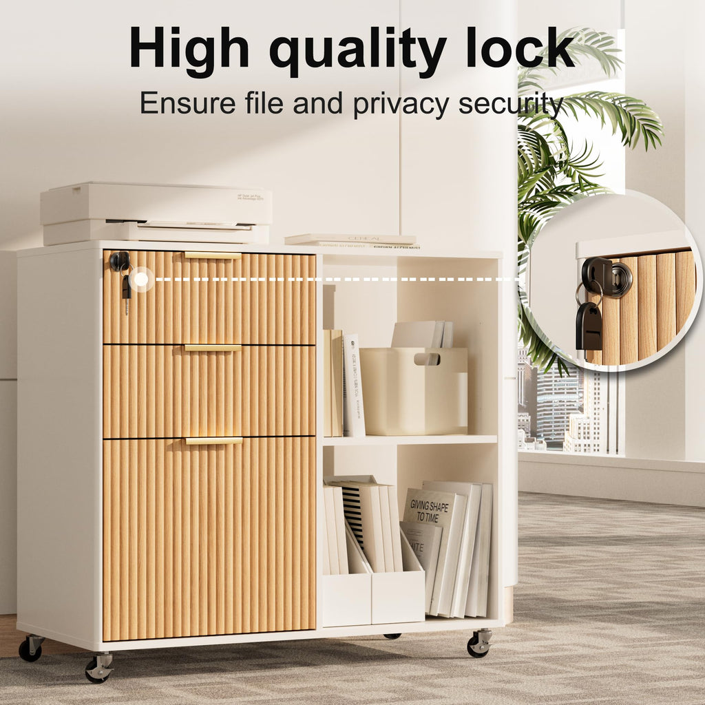 3 Drawer Fluted Mobile Filing Cabinet with Lock, Lateral Rolling Under Desk File Cabinet, Wooden Printer Stand Table for Home Office Essentials Storage Organization Furniture Letters/A4(Oak)