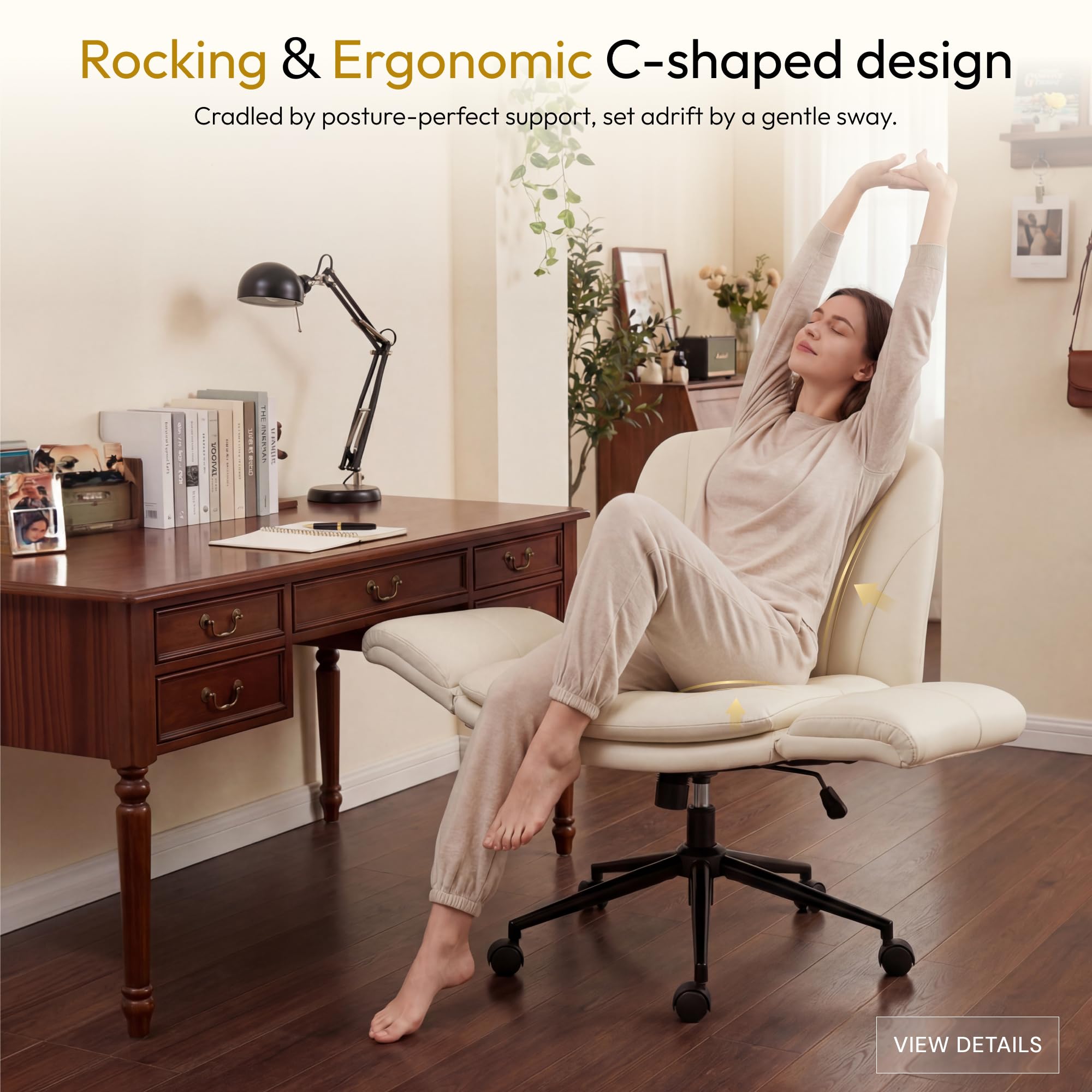 Criss Cross Chair with Five-Level Adjustable Arms and Wheels - Comfortable Ergonomic PU Leather Swivel Vanity Chair - Computer Makeup Gaming Chair for Home Office, Bedroom, Vanity Room (Khaki)
