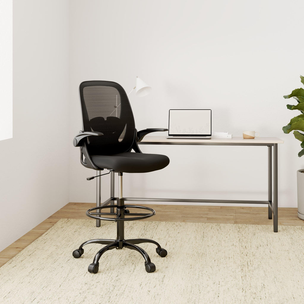 Drafting Chair Tall Office Chair with Flip-up Armrests Executive Ergonomic Computer Standing Desk Chair with Lumbar Support and Adjustable Footrest Ring (Black)