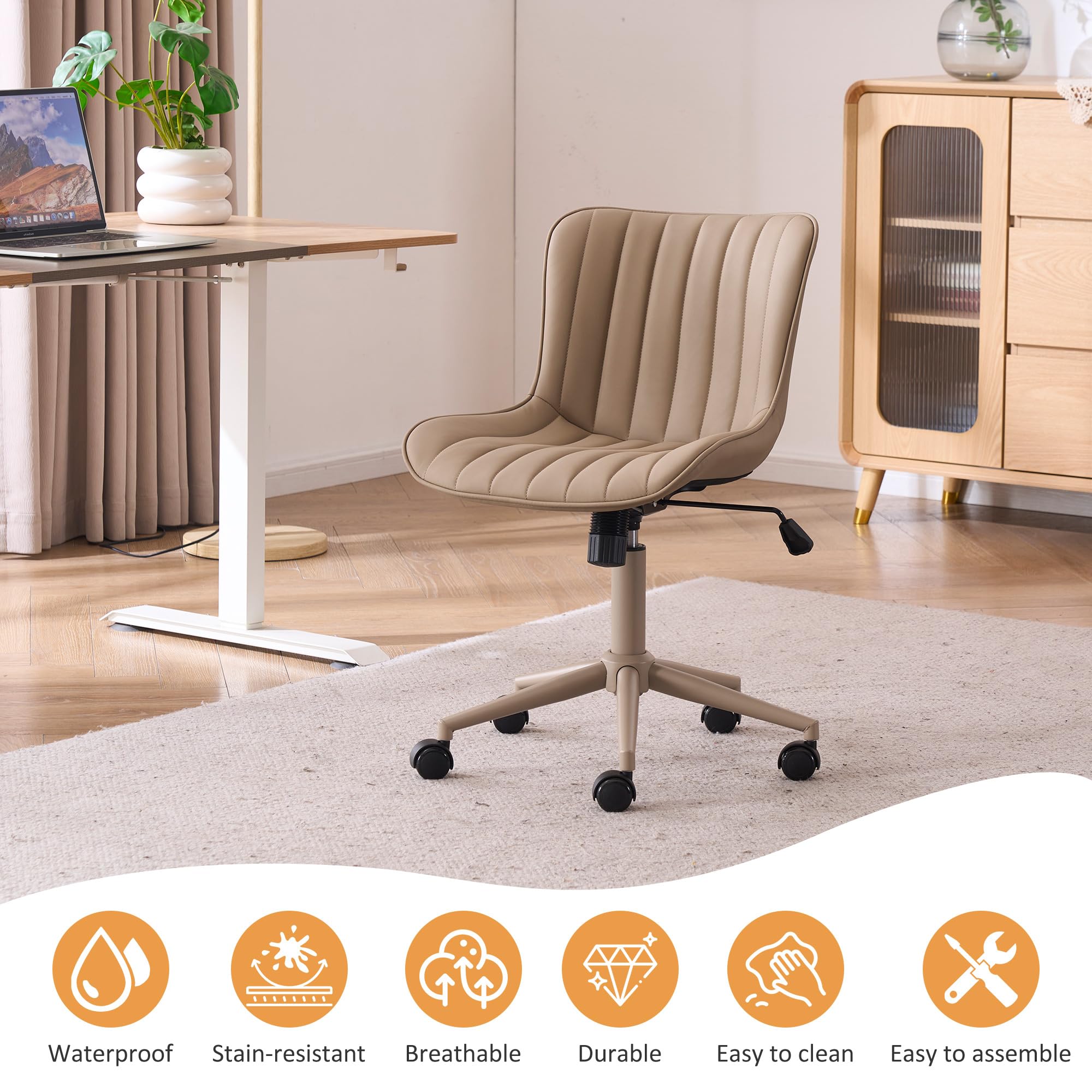 Home Office Desk Chair with Wheels Armless Vanity Chair with Back Comfy Modern Leather Upholstered Rolling Task Chair Swivel Small Cute Sewing Chair No Arms Wide Adjustable Ergonomic All Khaki