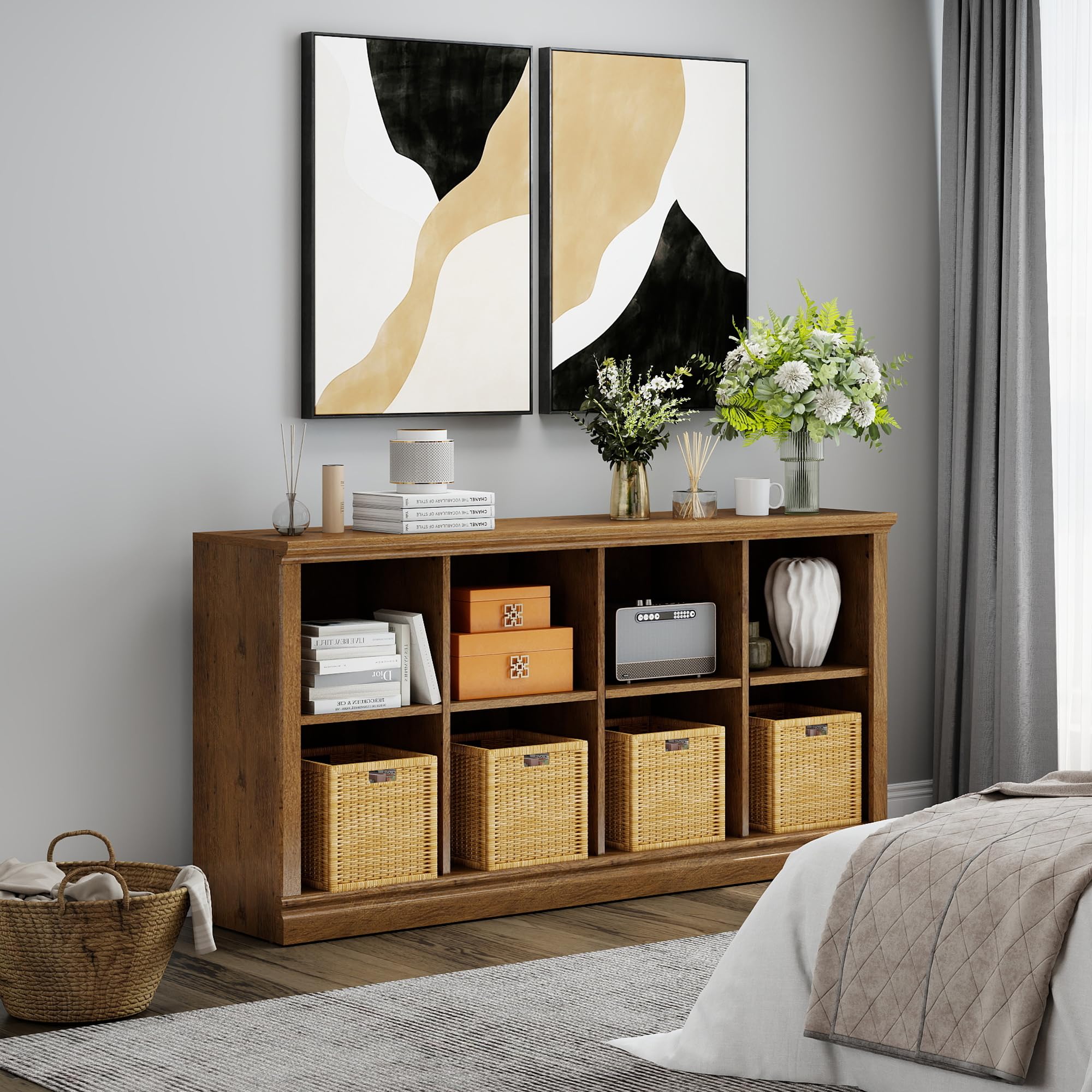 2 Tiers 8 Cube Storage Organizer Bookcase, 54 inch Width Wooden Book Shelf