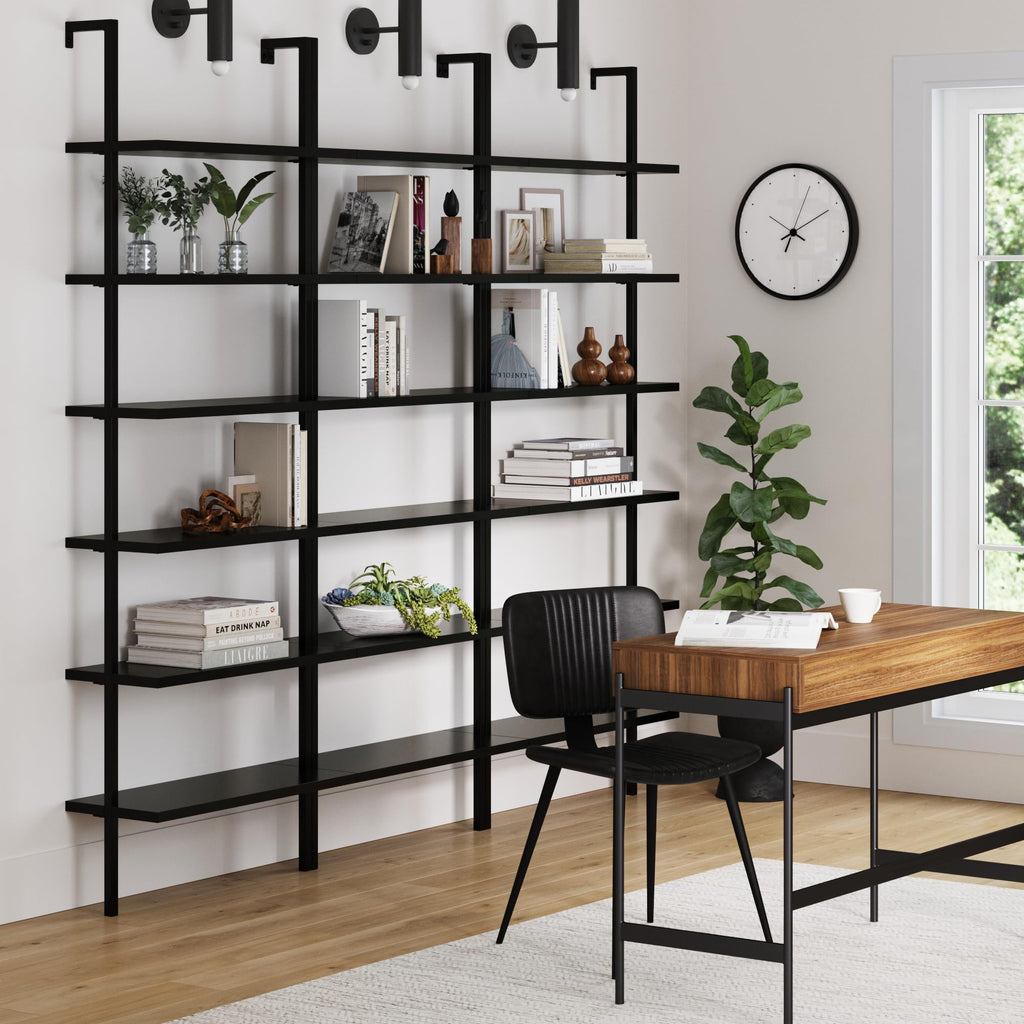Set of 3, 6-Shelf Tall Bookcase, Wall Mount Bookshelf Wood Shelves and Metal Frame, Matte Black