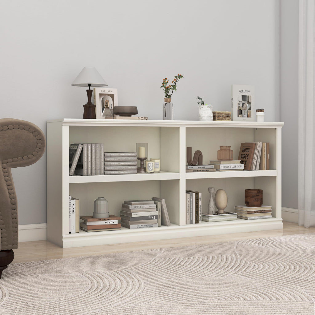 64" W Double Wide Horizontal Bookshelf, 2 Tiers 4 Storage Cube Book Case