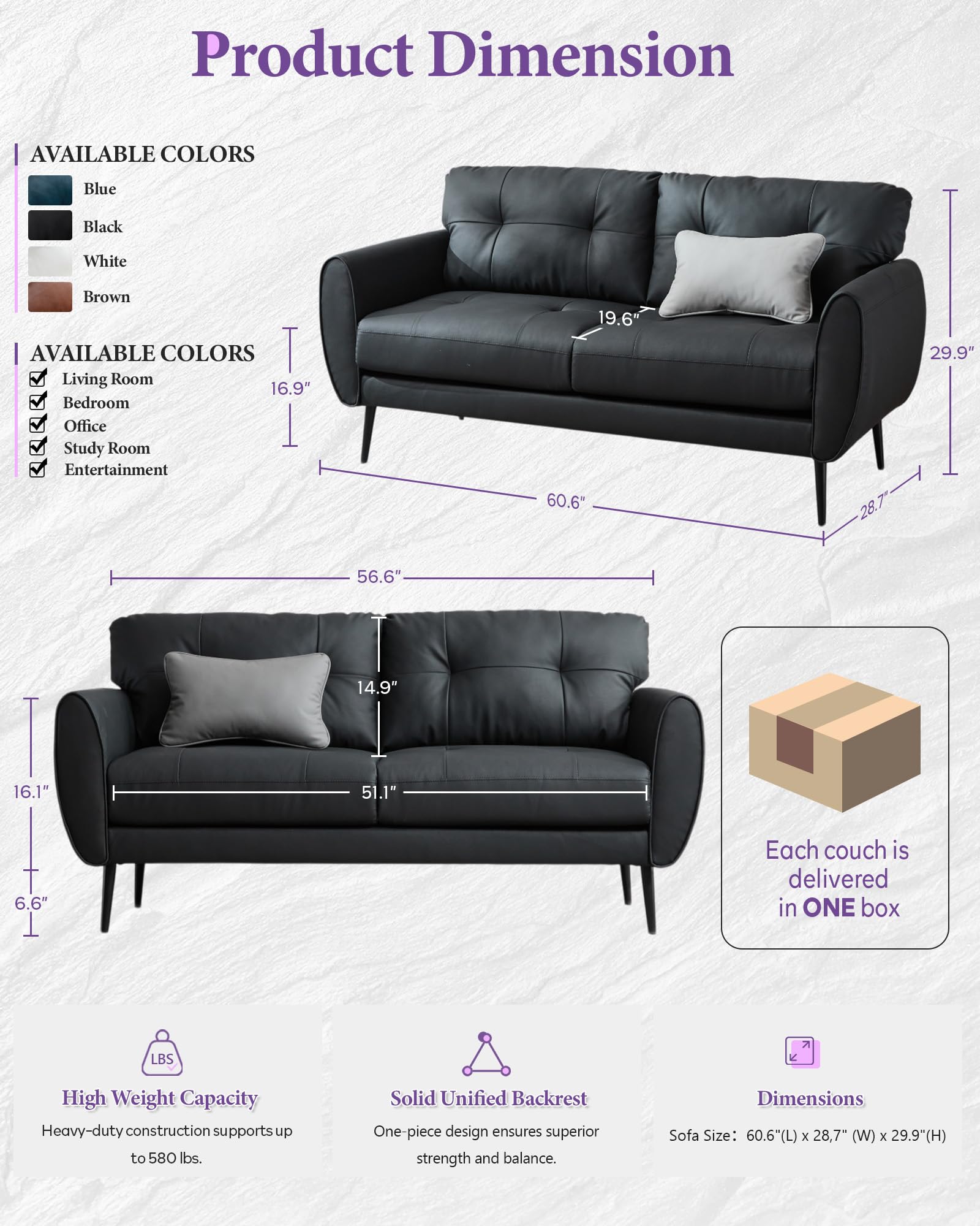 Sofa Couch 61" Small Loveseat Couches for Living Room, Black Faux Leather Couch Mid Century Modern Tufted Mini Sofa Comfy Office 2 Seat Settee Love Seat Couches for Small Spaces Bedroom