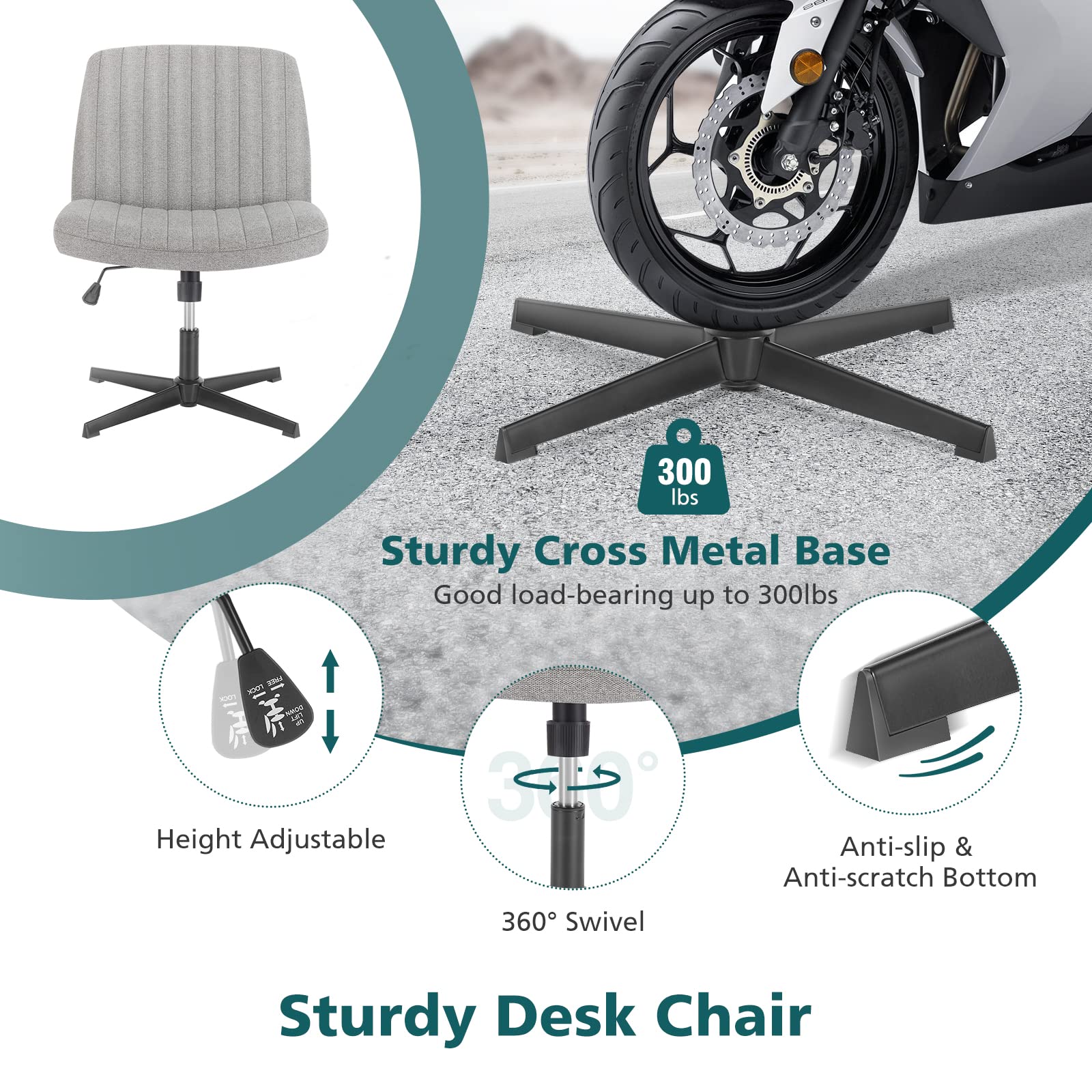 Criss Cross Legged Chairs Armless No Wheels Wide Seat Height Adjustable Swivel Padded Fabric Home Office Desk Seating for Bedroom, Student, Study Room