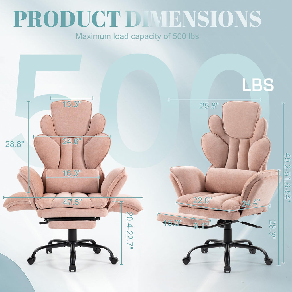 Flip Armrests Criss Cross Office Chair, Reclining Office Chair with Foot Rest, Adjustable Headrest, Massage Waist Pillow, Cross Legged Big and Tall Desk Chair Wide Seat Vanity Chair, Fabric Pink