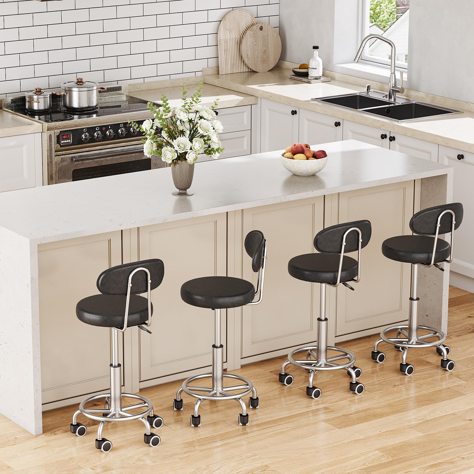 Height Adjustable Rolling Stool, 360° Rotating Drafting Chair, Multi-Purpose Office Desk Chair, Rolling Swivel Salon Stool Chair, for Barber Shop, Nail Salon, Office, Black