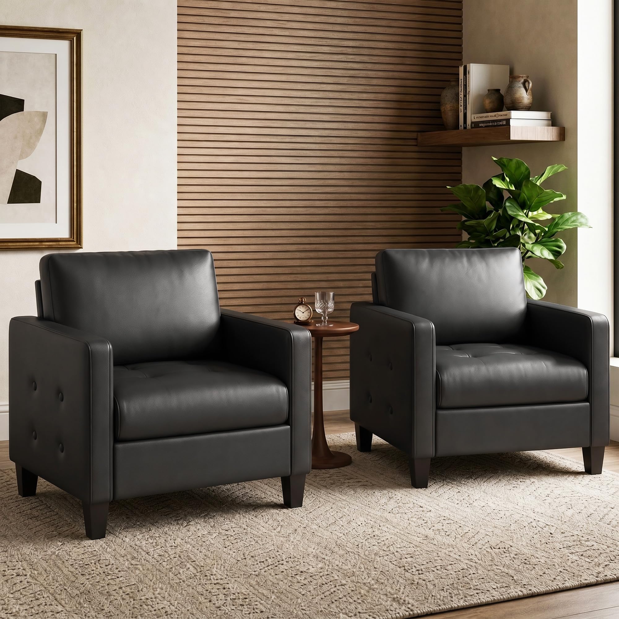 Black Accent Chairs Set of 2, Faux Leather Chair, Mid-Century Modern Living Room Chairs, Cozy Office Reading Chair with Tufted Armrest and Seat, Armchairs for Waiting Room, Bedroom (2)