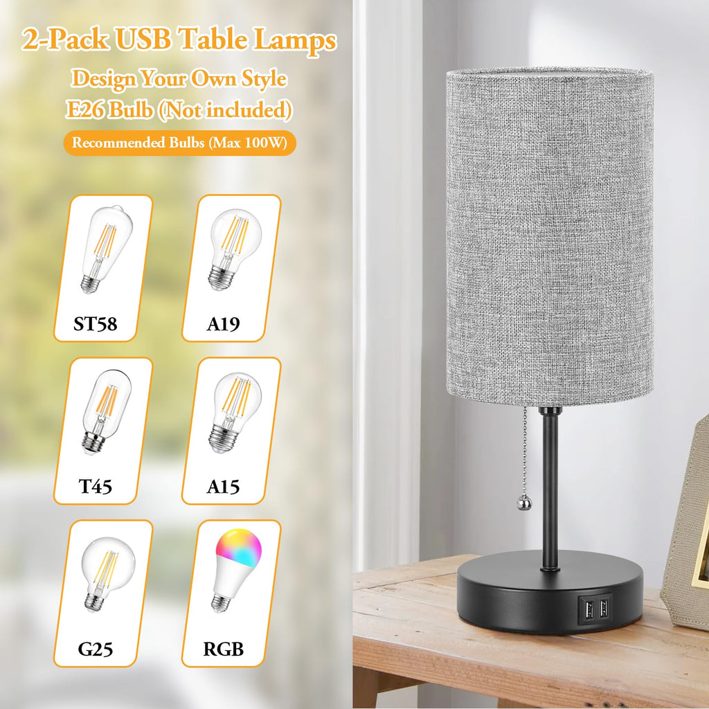 Modern Table Lamps Set of 2, Grey Fabric Shade and Black Metal Base for Living Room Bedroom Office Reading Dorm Hotel