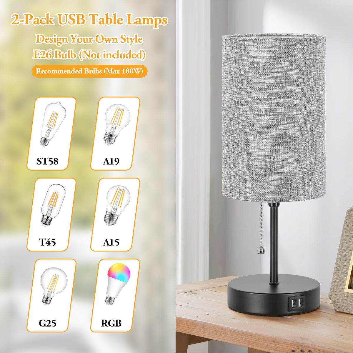 Modern Table Lamps Set of 2, Grey Fabric Shade and Black Metal Base for Living Room Bedroom Office Reading Dorm Hotel