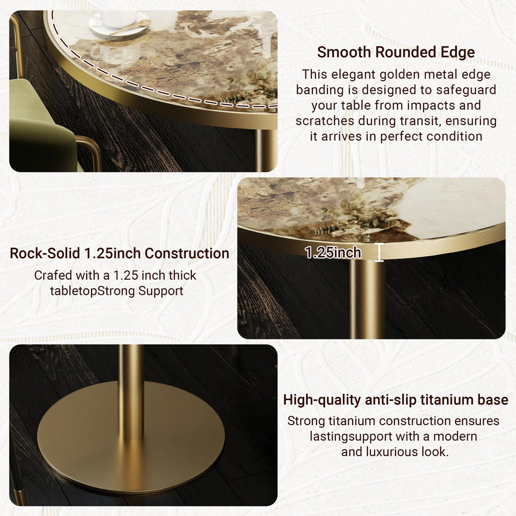 hausway 31.5" Tulip Table,Round Kitchen Dining Table for 2-4 with Thick Sintered Stone Top,Titanium Golden Pedestal Base,Heat-Resistant,Bistro Table for Dining Room,Café,Small Space（White Glacial）