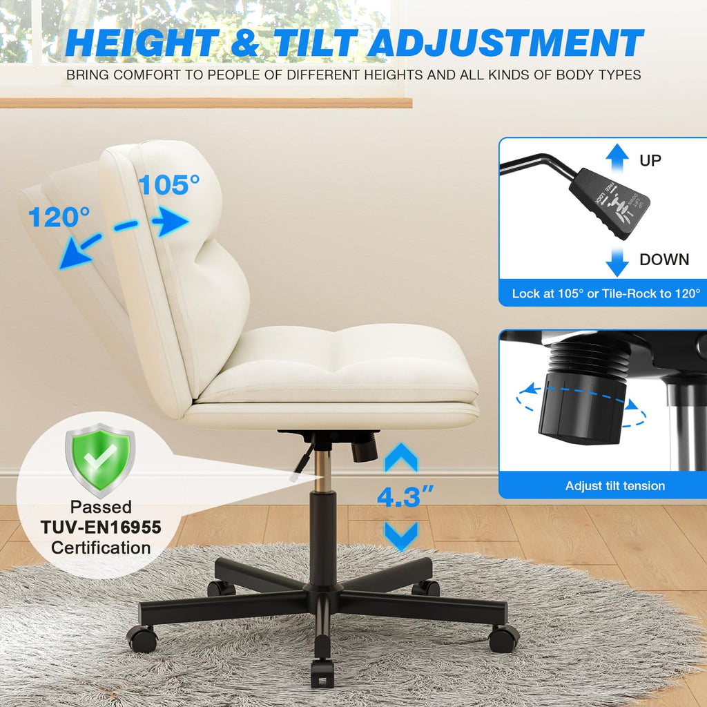 Ergonomic Armless Criss Cross Chair with Height Adjustable and Swivel, Wide & Thickened Cushion Cross Legged Vanity Chair, Comfortable PU Leather Desk Chair for Computer Task and Make Up, White