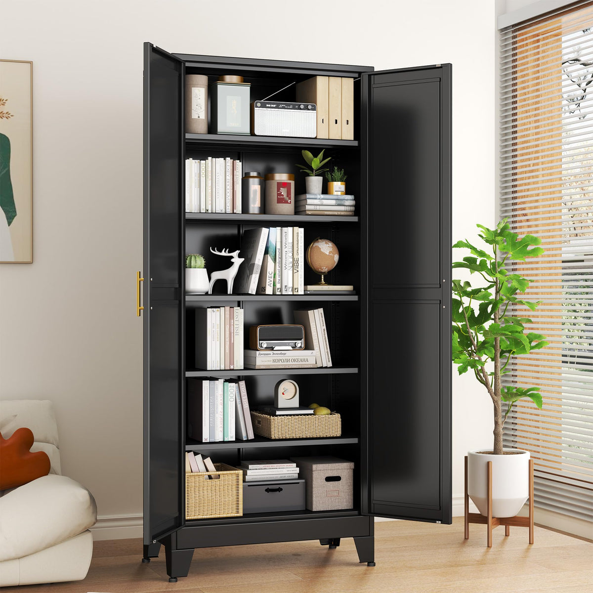 Black Metal Storage Cabinet,75" Steel Cabinets for Home Office