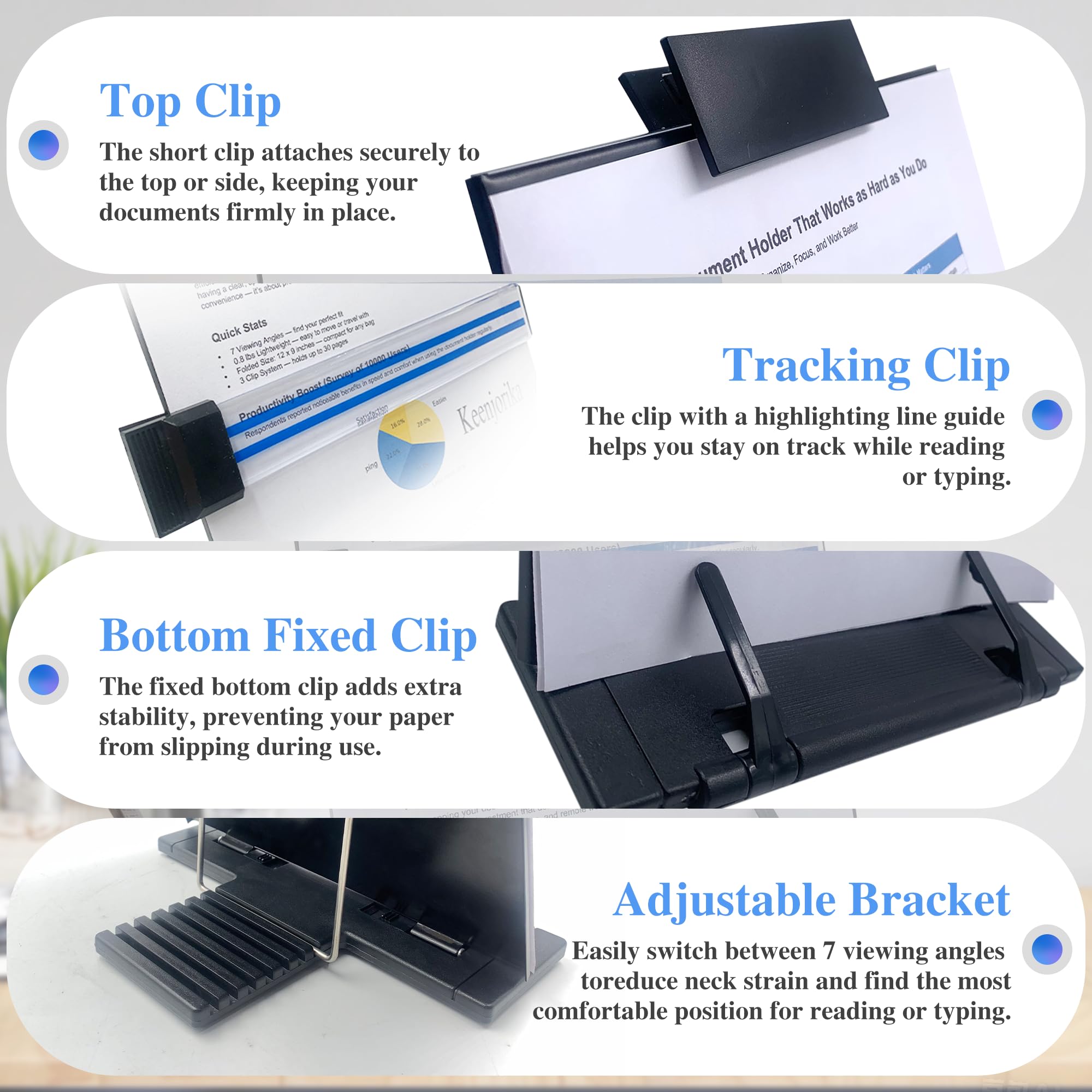 Desktop Document Book Holder with 7 Adjustable Positions, Black Document Holder for Desk, Paper Holder Copy Stand Holder for Speech, Paper Holder Stand for Desk Typing, Angle Adjustable
