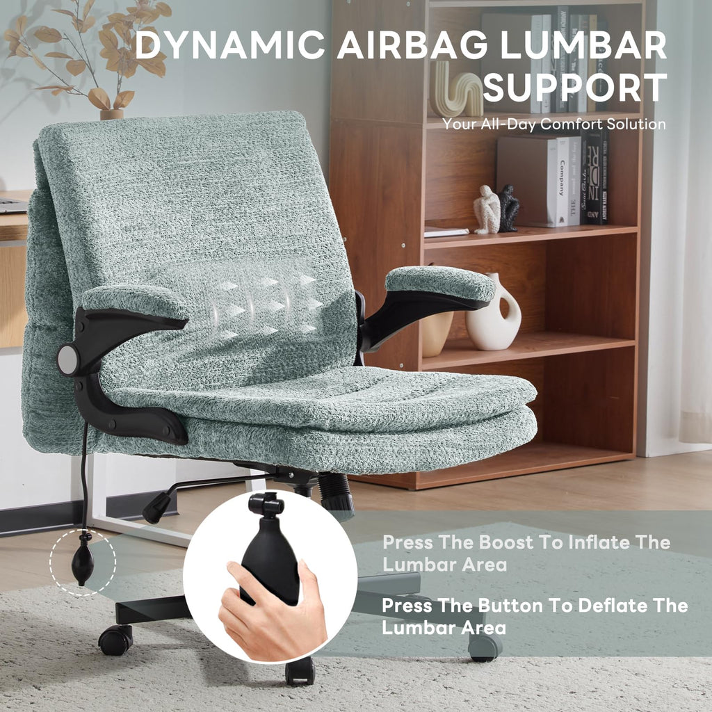 Criss Cross Office Chair with 2 in 1 Inflatable Flip-up Back, Ergonomic Wide Seat Desk Chair with Adjustable Arms and Wheels, Cross Legged Office Chair for Home & Office, Light Green