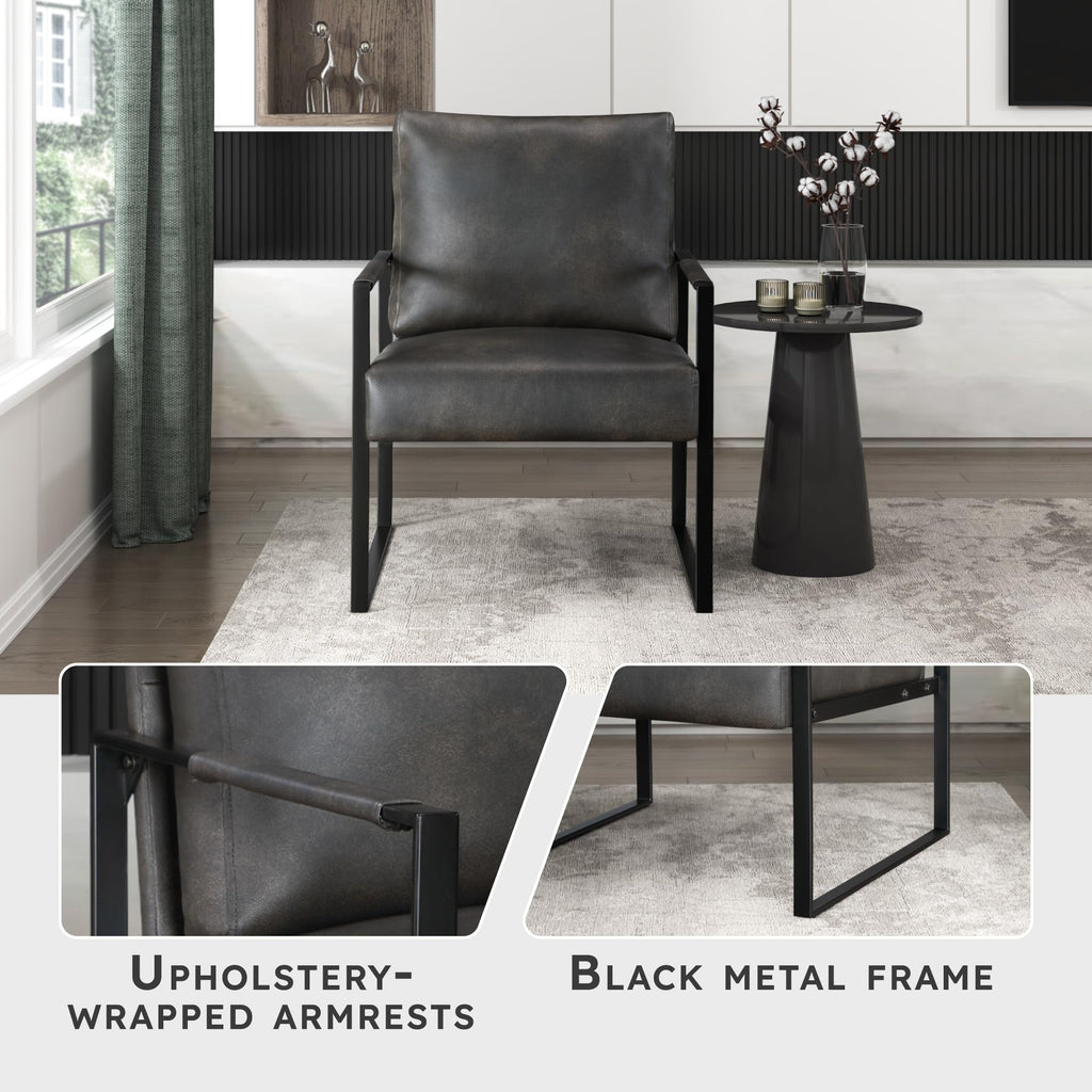 Modern Accent Chair, Faux Leather Upholstered Chair With Wrapped Armrests,Arm Chair With Black Metal Frame,Comfy Single Chair For Living Room/Bedroom/Reading Room/Office,Dark Brown
