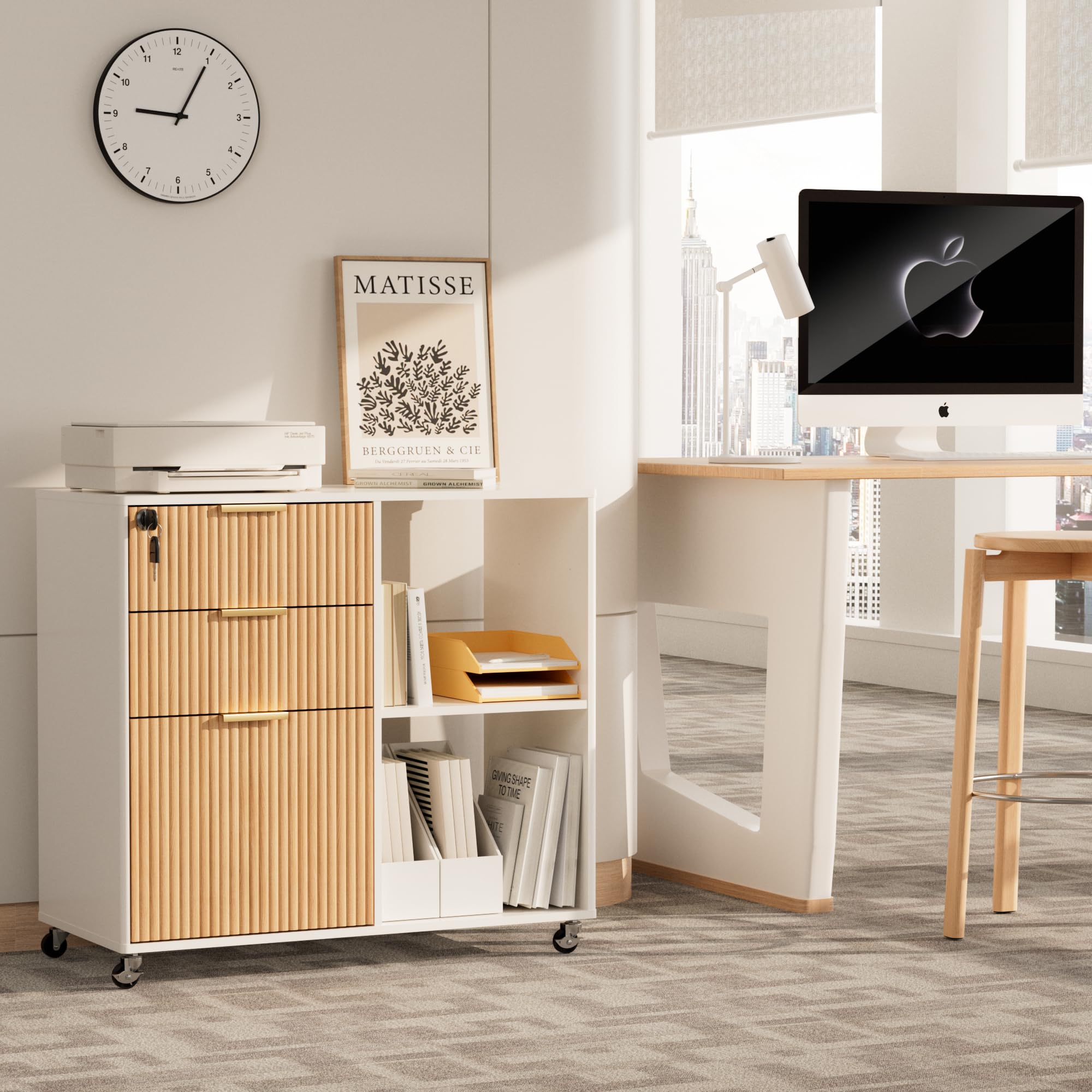 3 Drawer Fluted Mobile Filing Cabinet with Lock, Lateral Rolling Under Desk File Cabinet, Wooden Printer Stand Table for Home Office Essentials Storage Organization Furniture Letters/A4(Oak)
