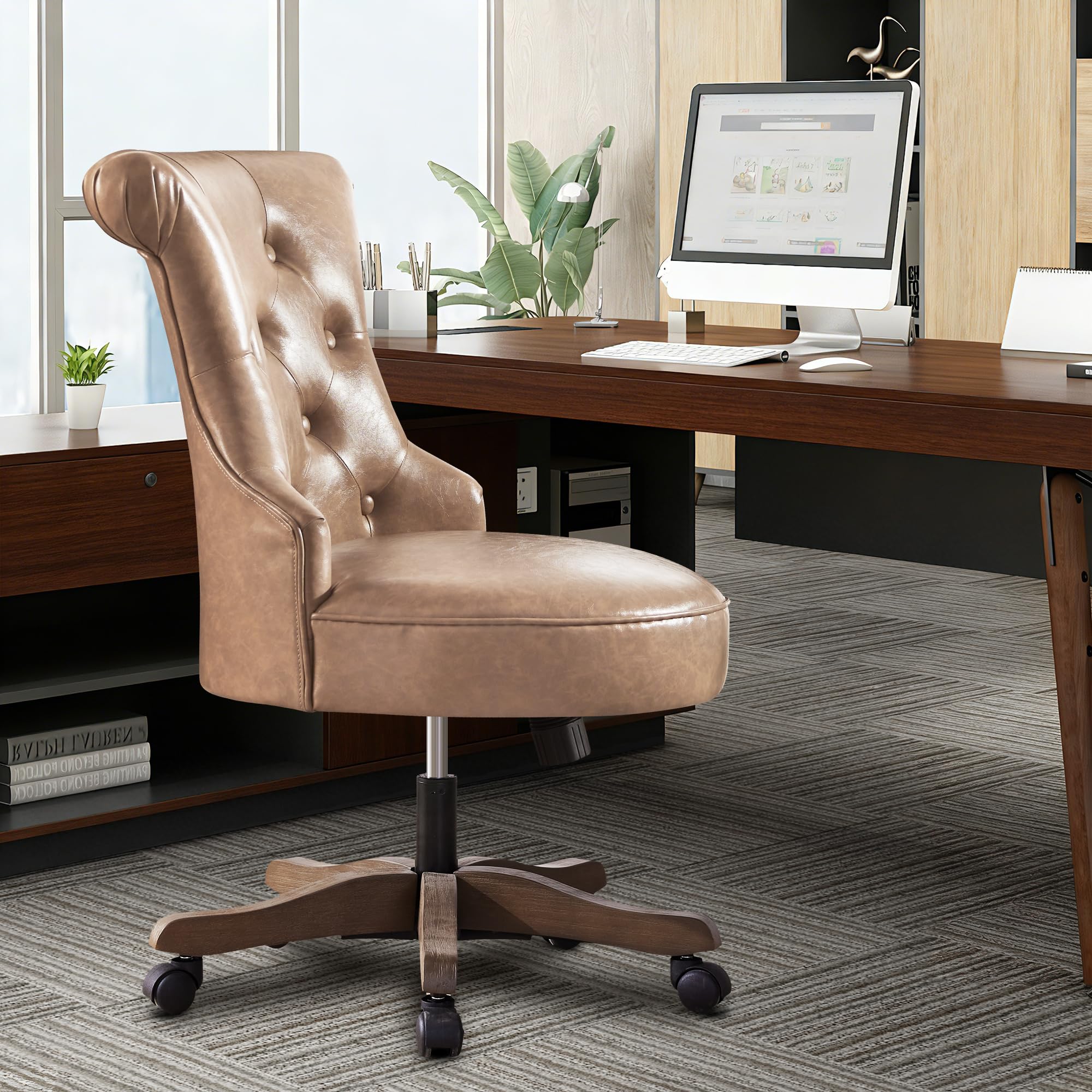Home Office Chair Upholstered Faux Leather PU Armless Desk Chair with Wheels Adjustable Height Computer Desk Chair with Wooden Legs Comfortable Swivel Chair for Study Studio (Light Brown)