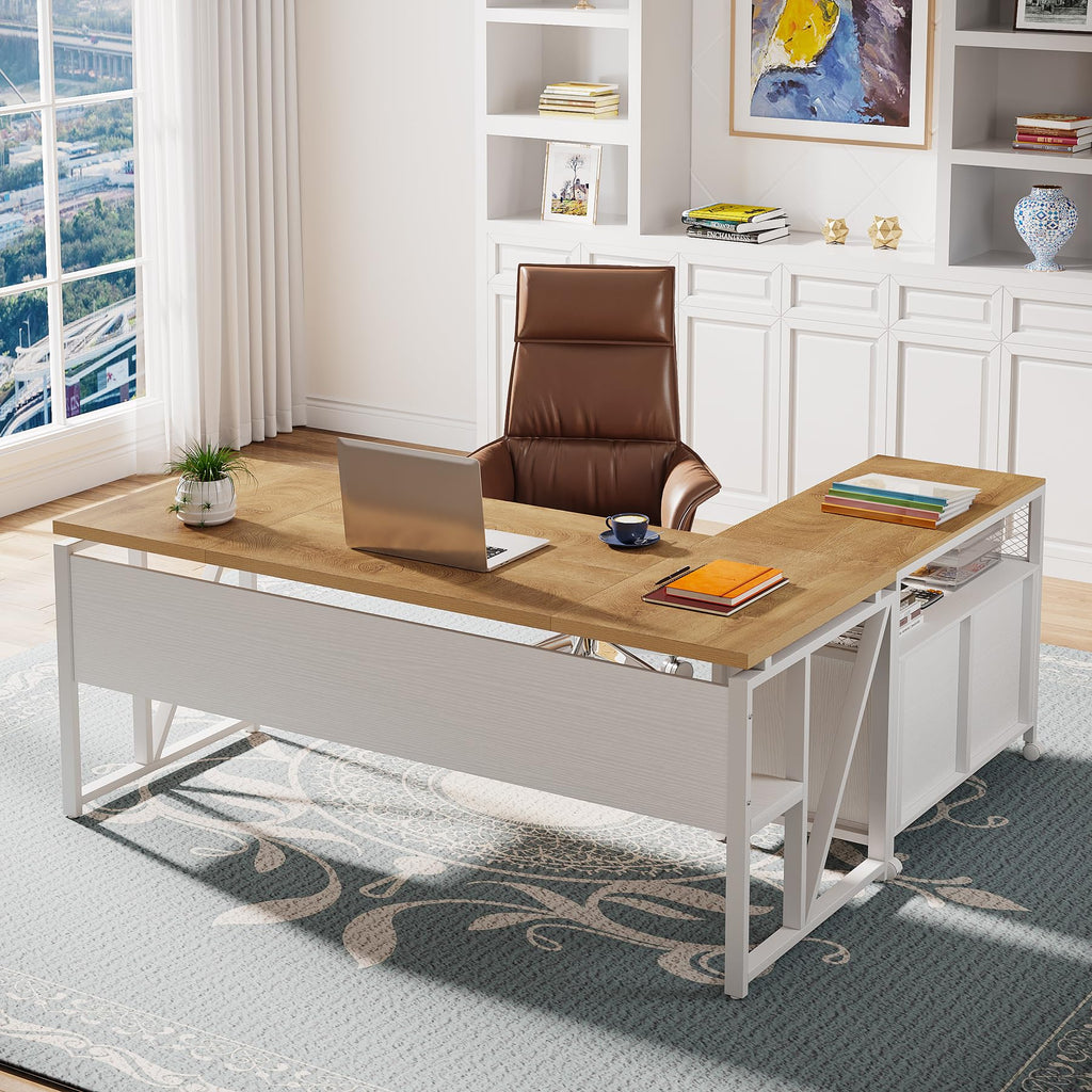 63" Executive Computer Desk and lateral File Cabinet, 2 Piece Home Office Furniture with Drawers for Hanging, Doors with Locks (Light Walnut, 63 inches)